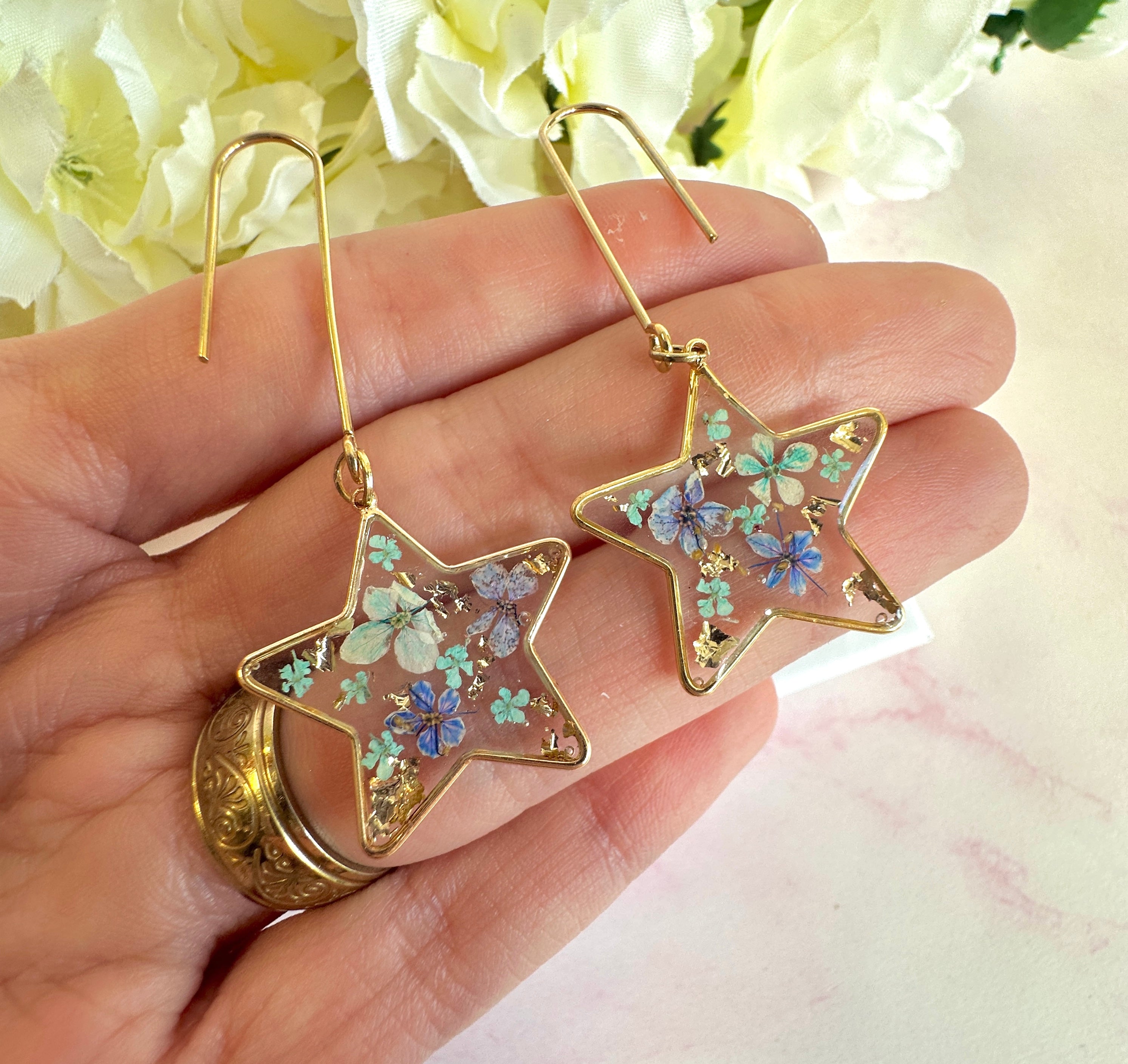 *Limited Edition* Gold blue bloom Star fall earrings.