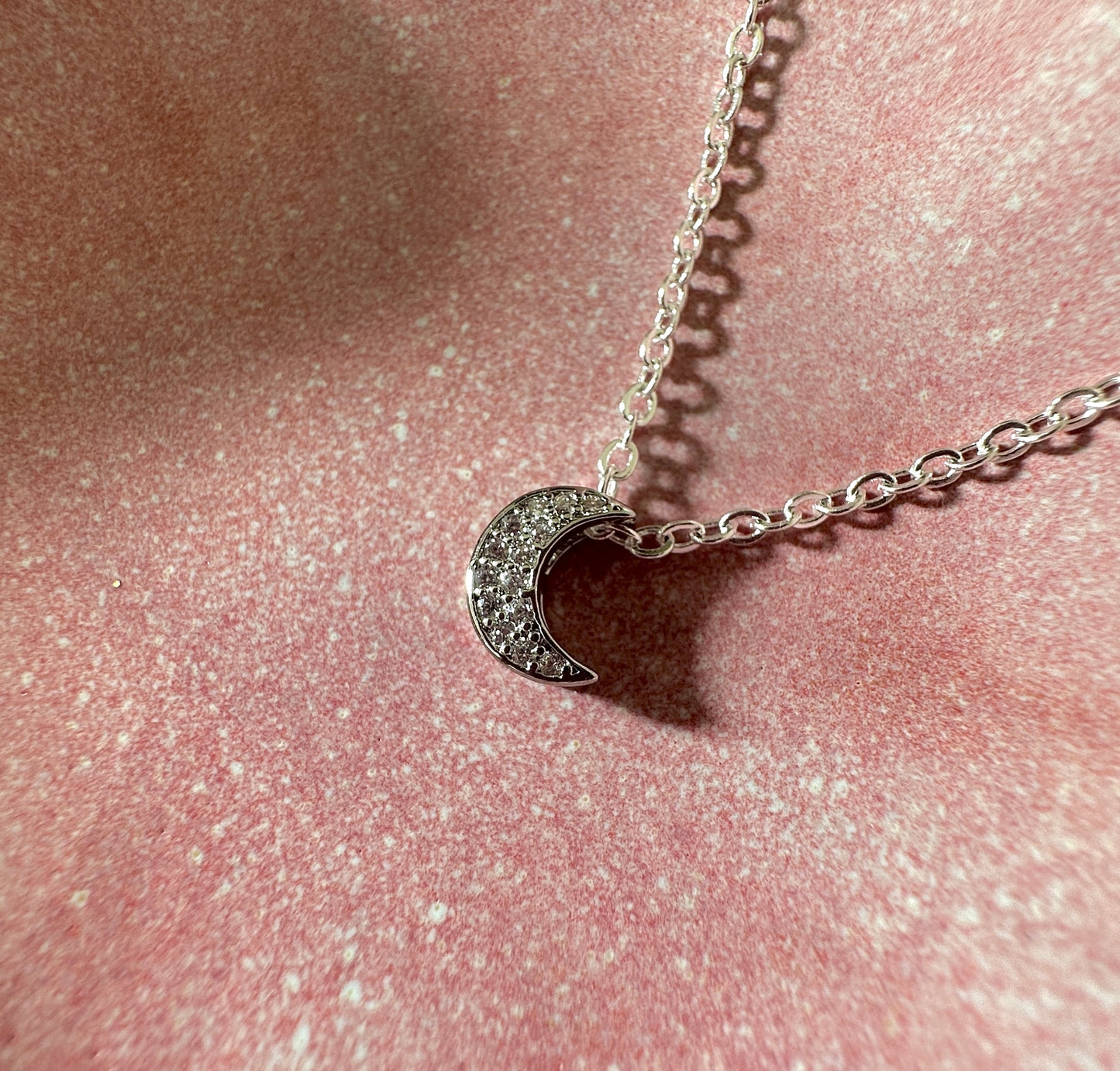 Tiny CZ Mini Moon Silver Necklace.