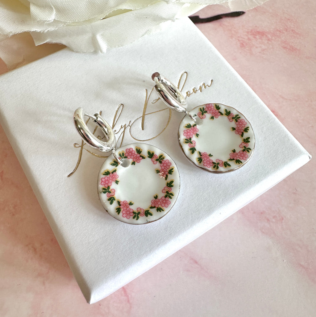 Pink Floral china Plate earrings.