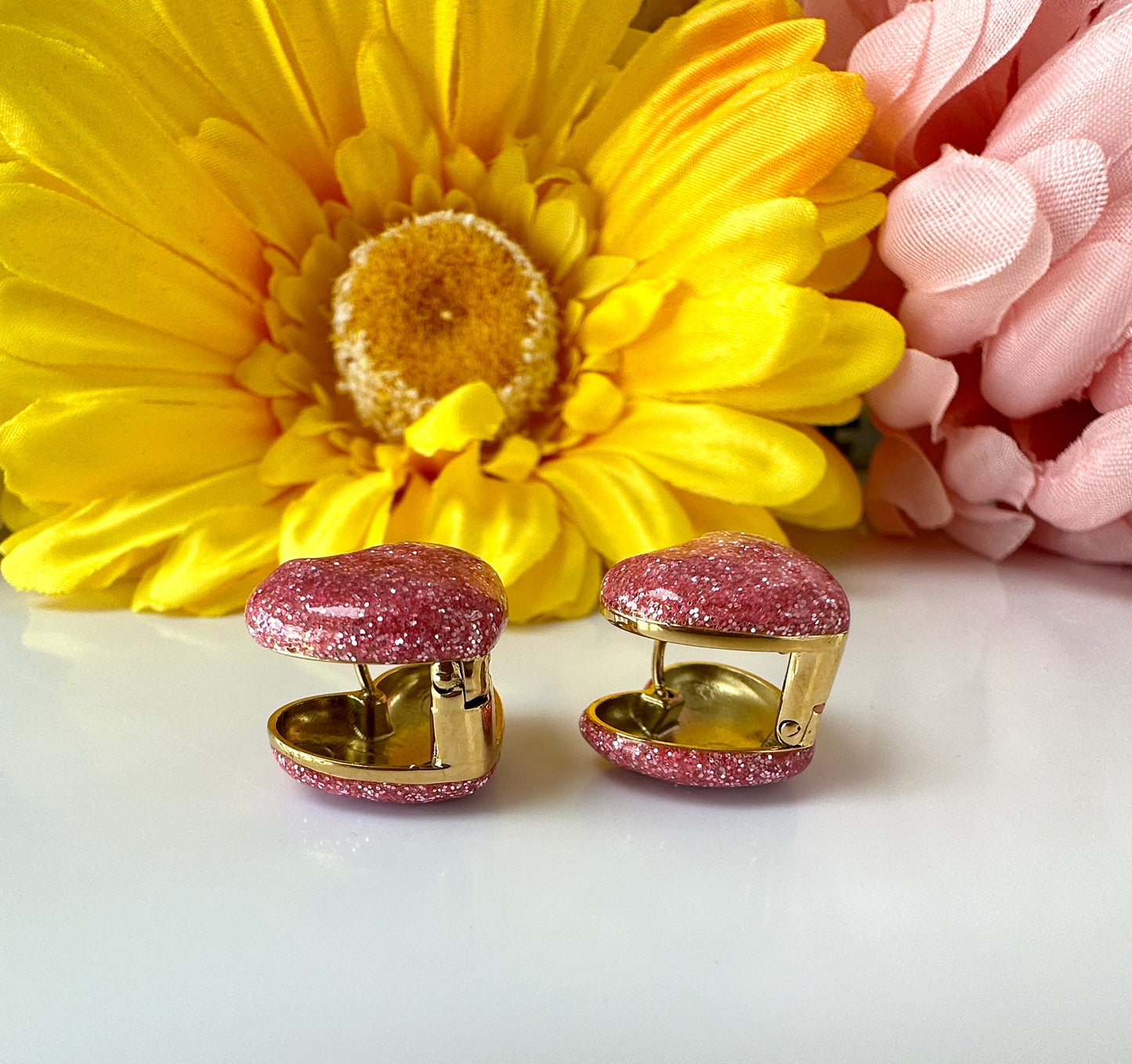 Pink glitter Double sided heart Gold Earrings.