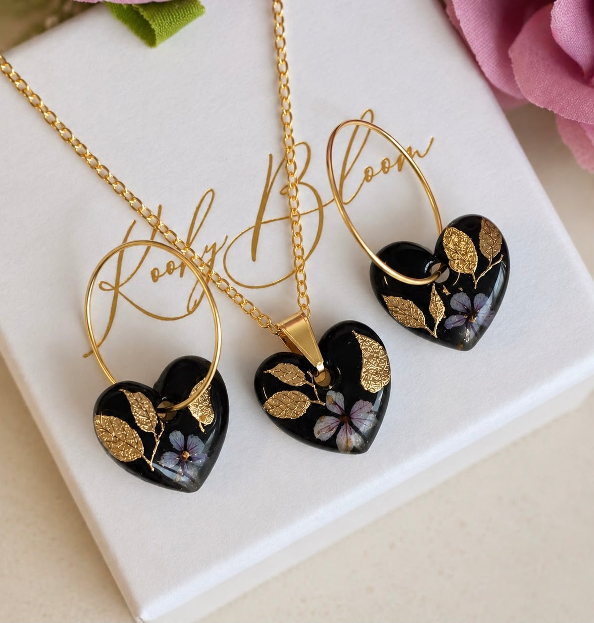 Mini Mystical Dark Bloom Heart Hoop earrings.
