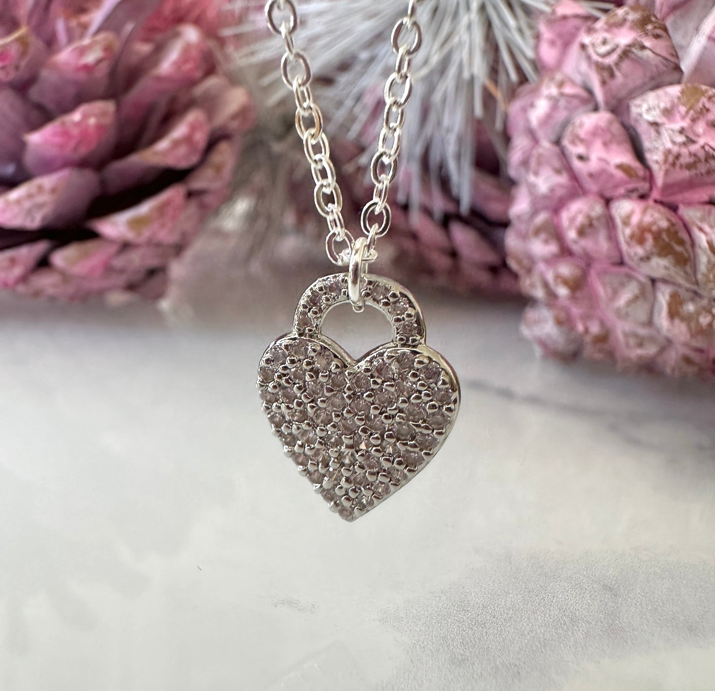 Silver CZ Heart Padlock necklace.