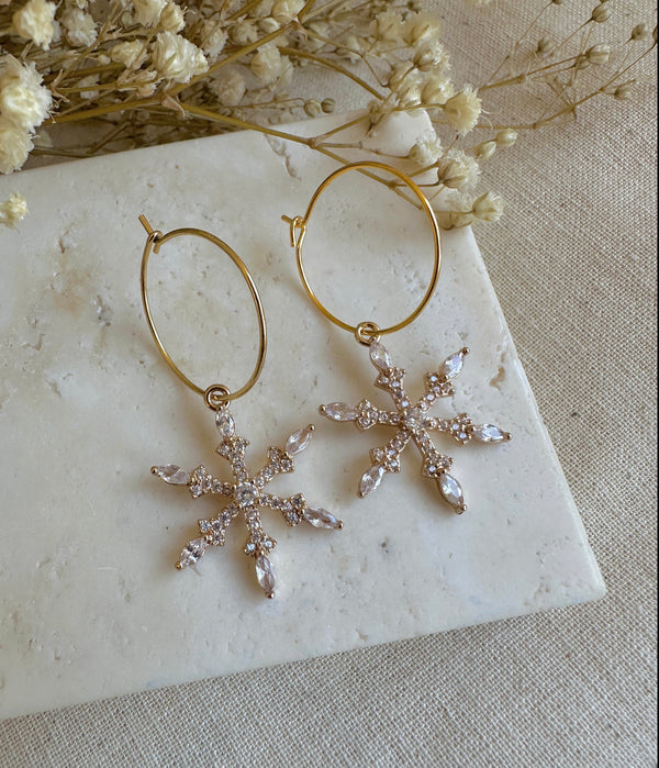 Gold Sparkle Snowflake Hoop earrings.