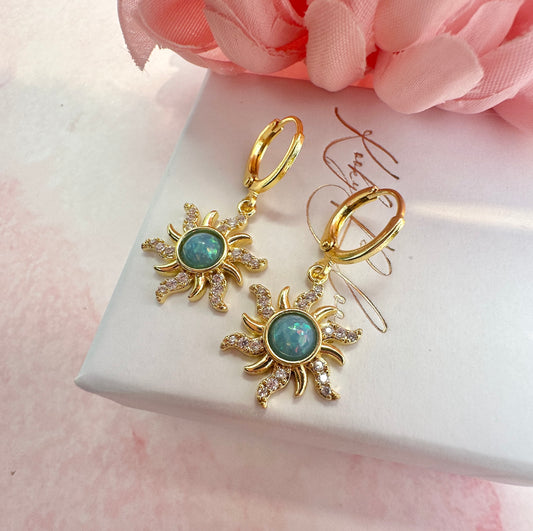 Gold Blue Opal Sun Huggie earrings.
