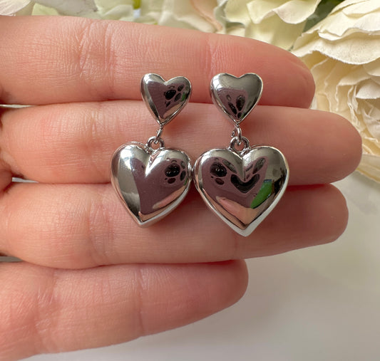 Silver Chunky Double heart Drop earrings.