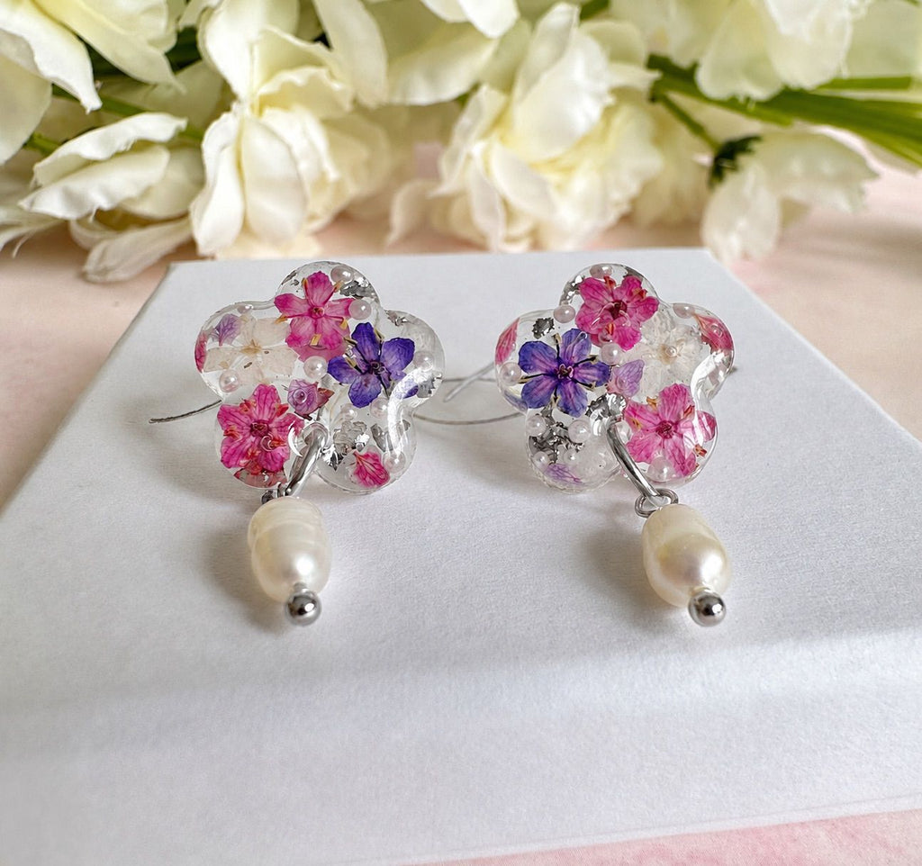 Purple pink Flower pearl drop studs.