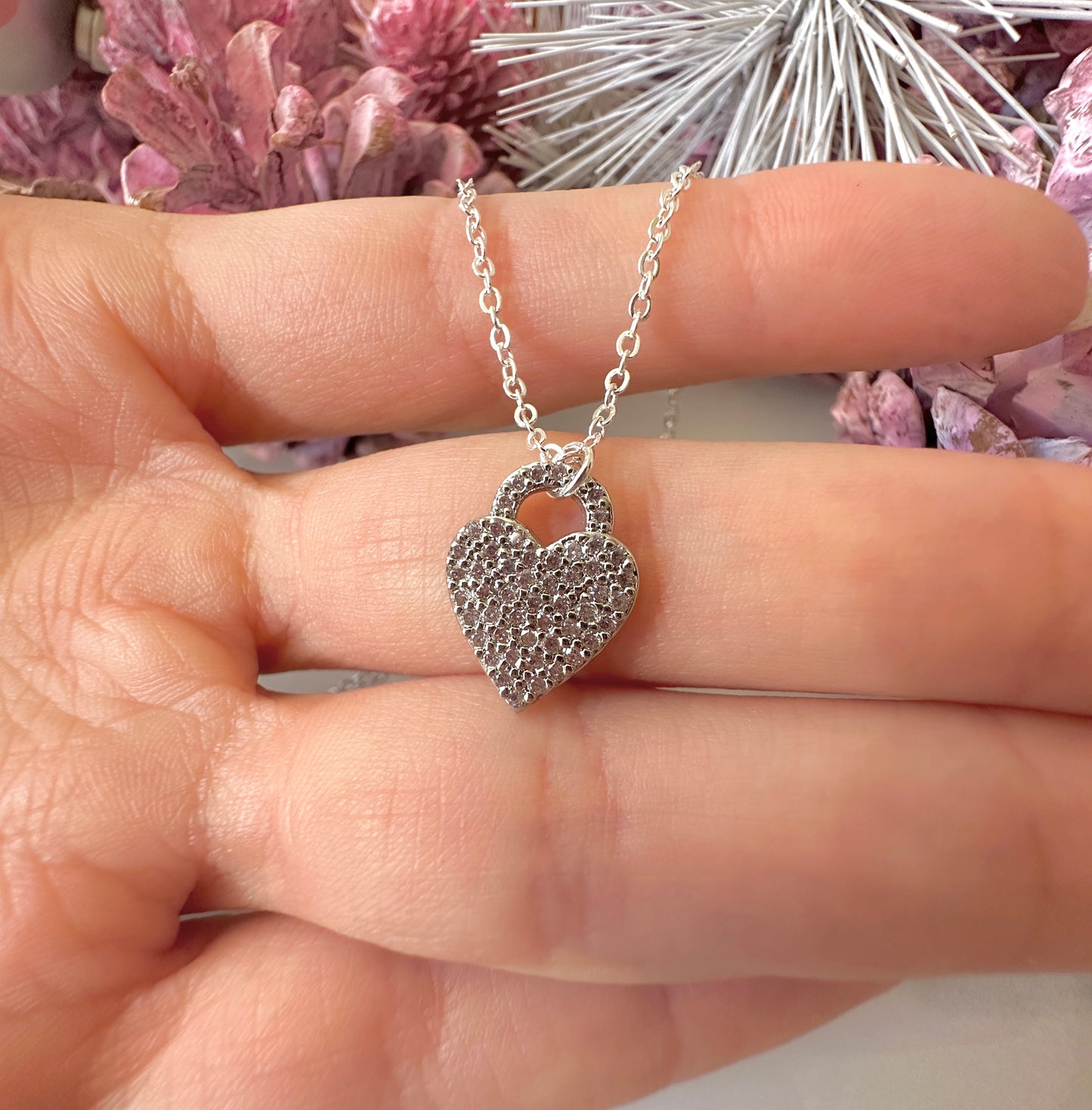 Silver CZ Heart Padlock necklace.