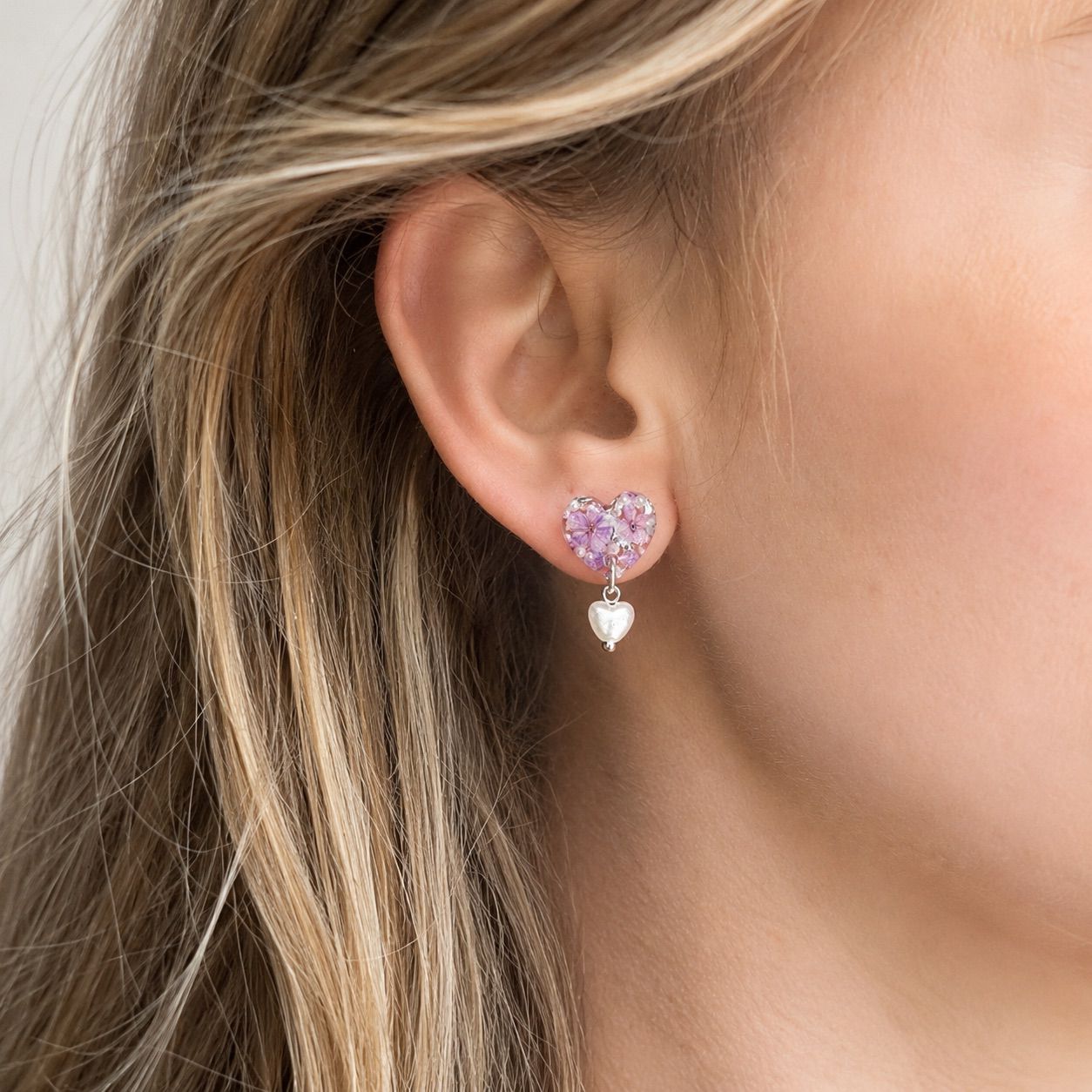 Lilac bloom Heart Pearl drop 925 sterling silver stud earrings