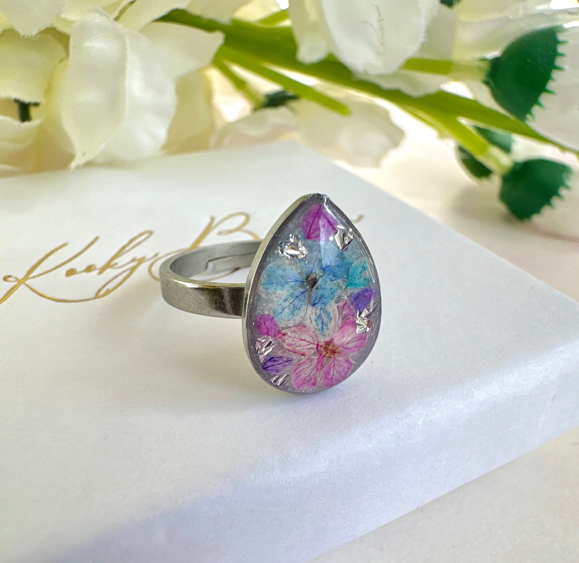 Silver Pink Blue Blossom flower Teardrop ring.