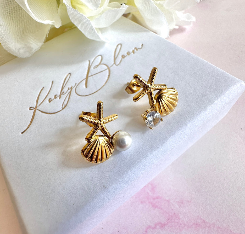 Gold starfish seashell Cz pearl stud earrings.