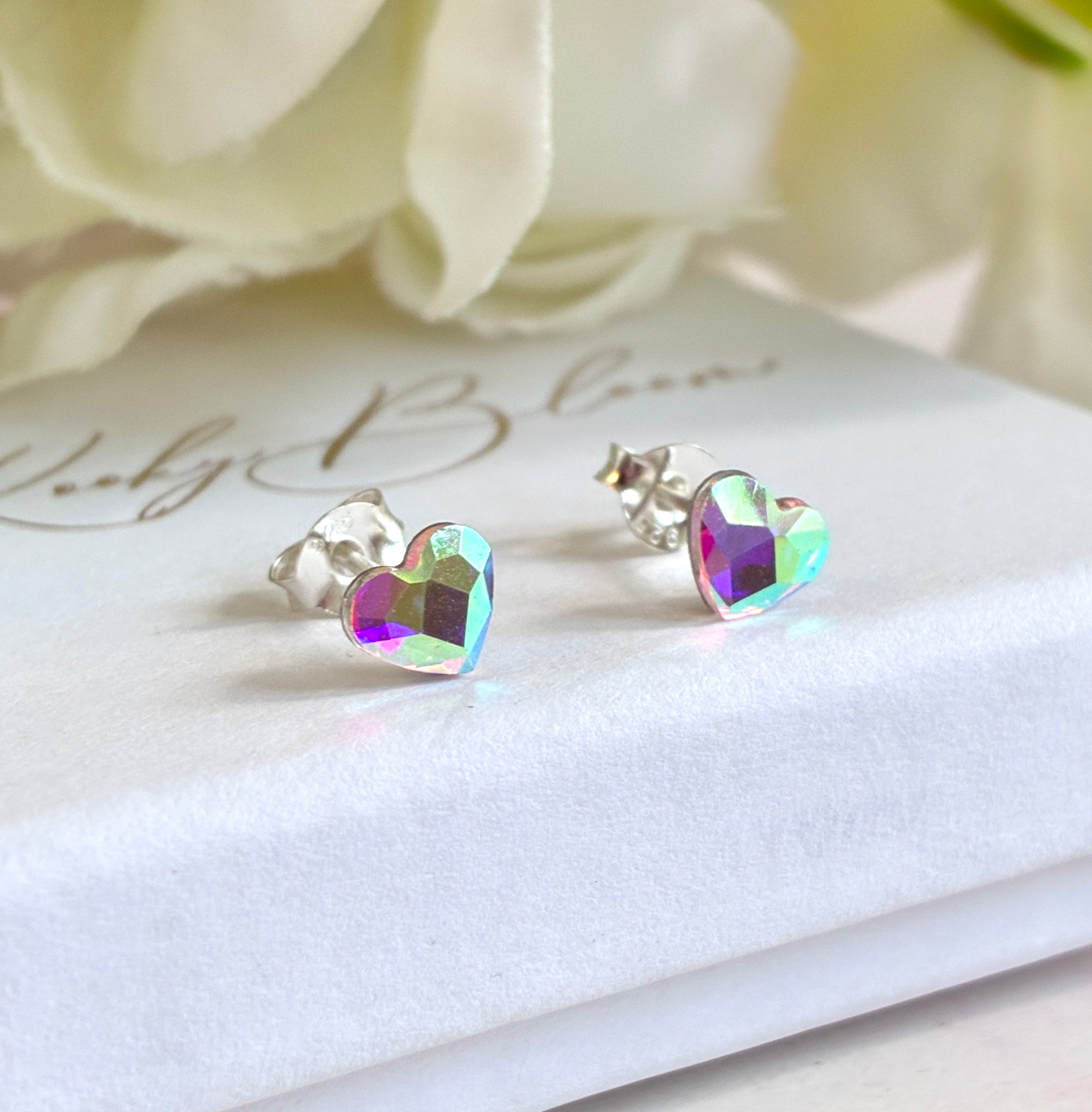 925 Sterling Silver AB Heart stud earrings.