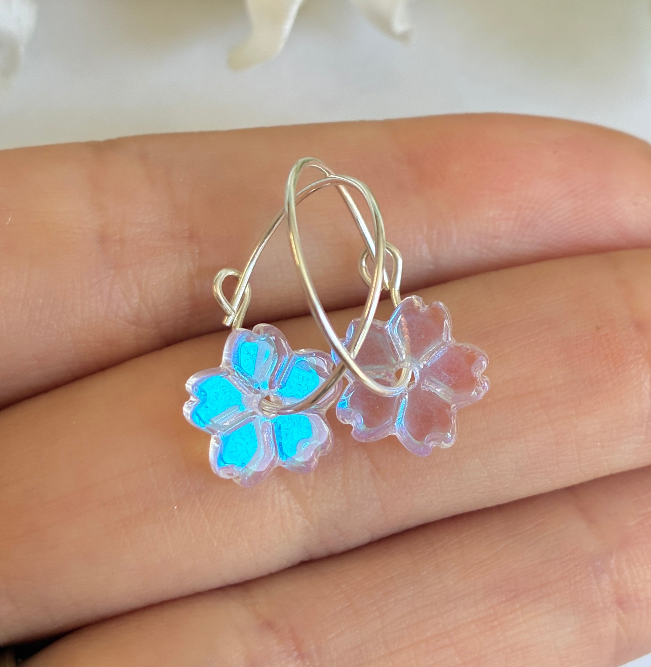 925 Sterling silver Iridescent AB Glass flower hoop earrings.