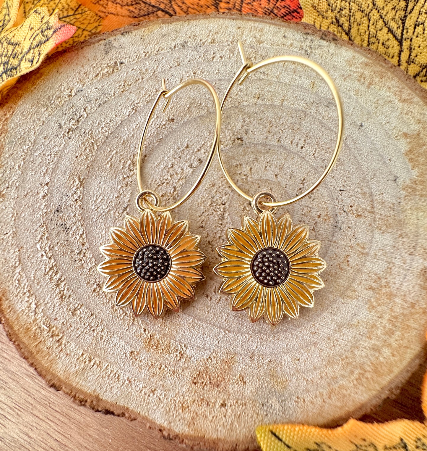 Autumn Sunflower Gold Hoop Earrings.