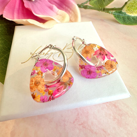 Neon Pink Orange Bloom Triangle Hoop earrings.