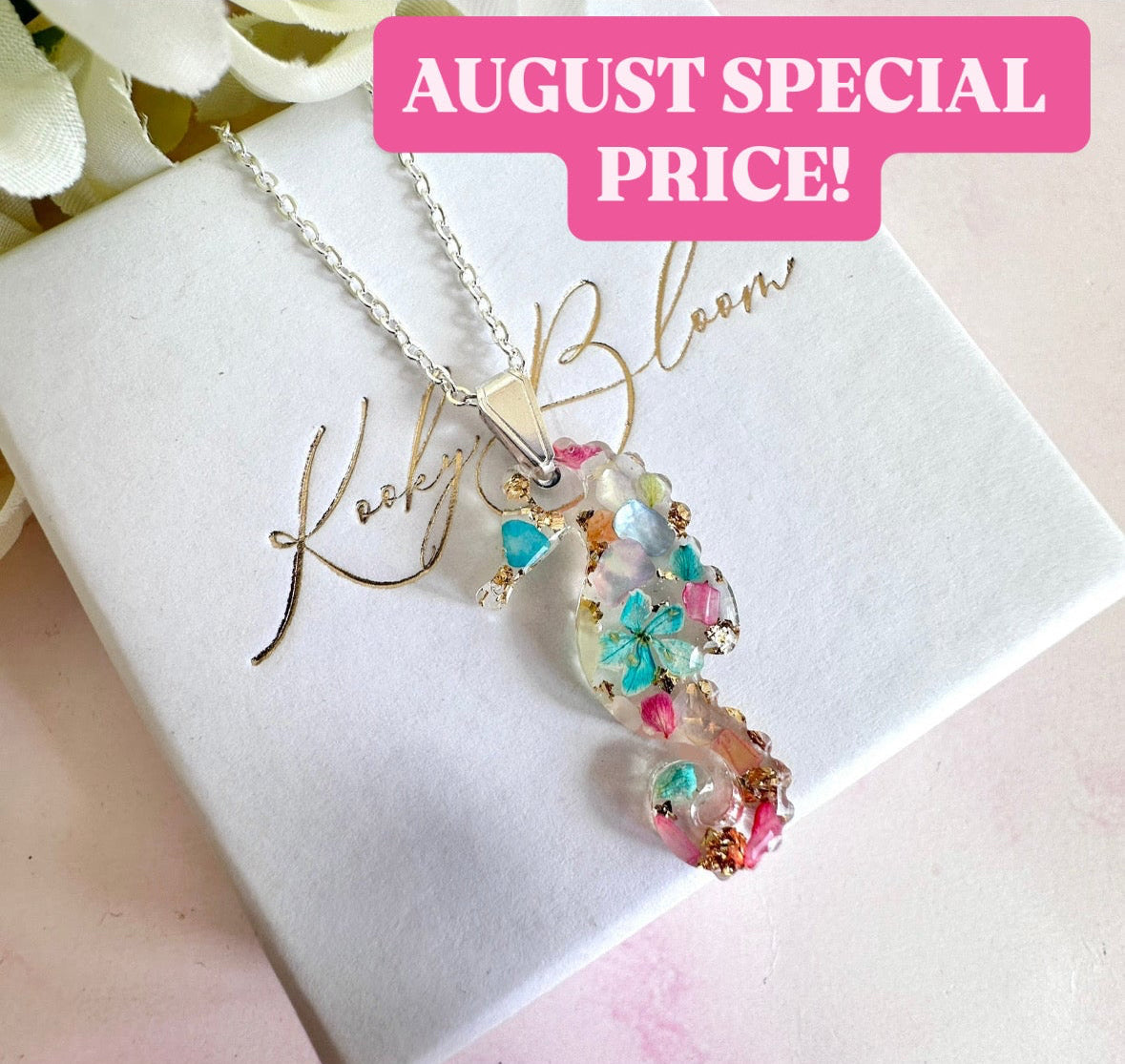 Silver real flower & seashell Seahorse necklace.