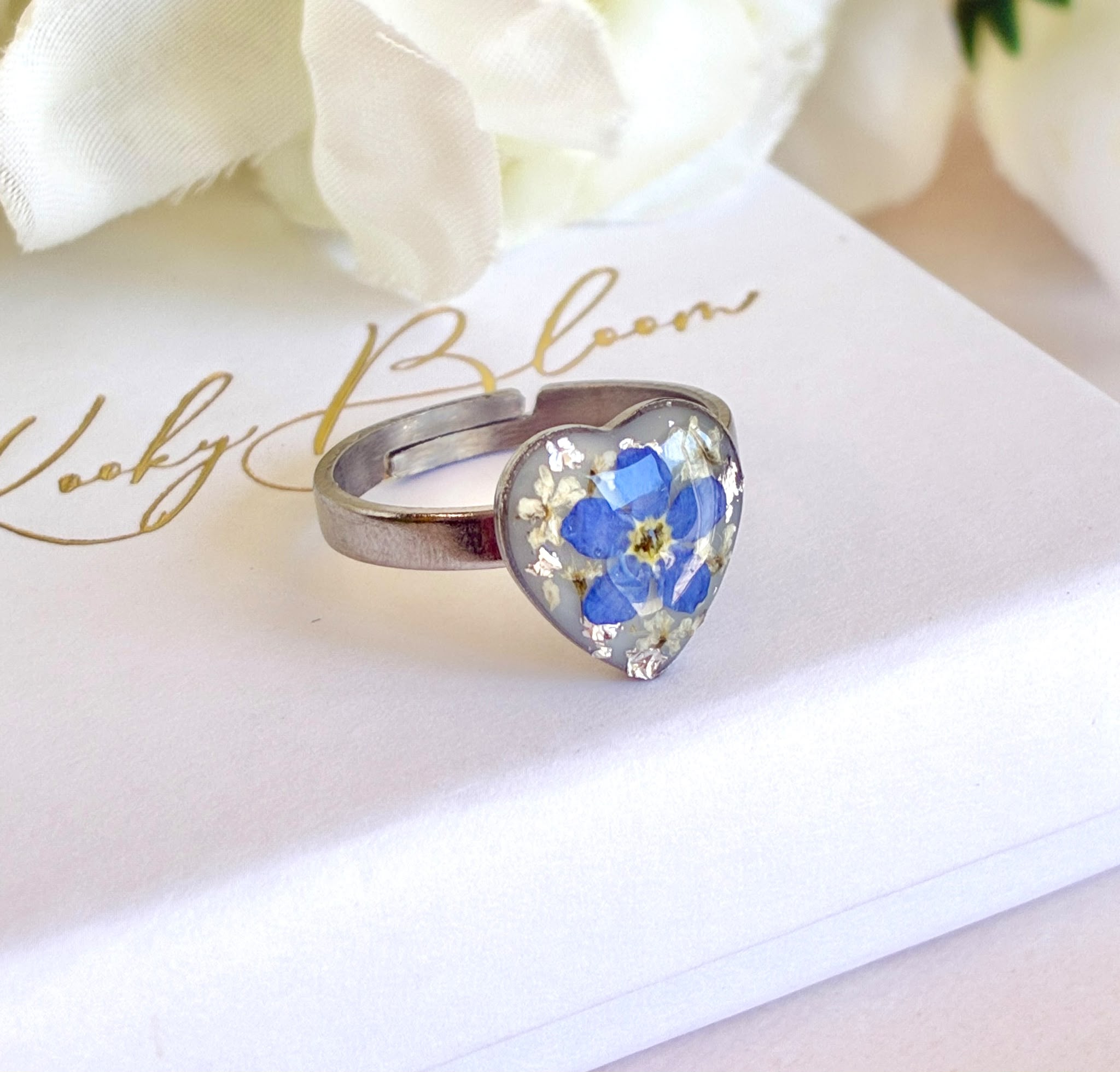 Silver Forget me not flower Heart ring.