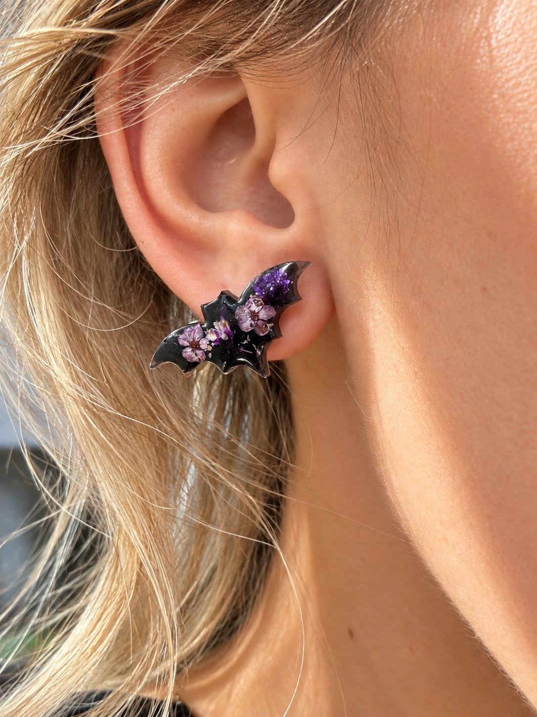 Black Purple bloom Bat Stud earrings.