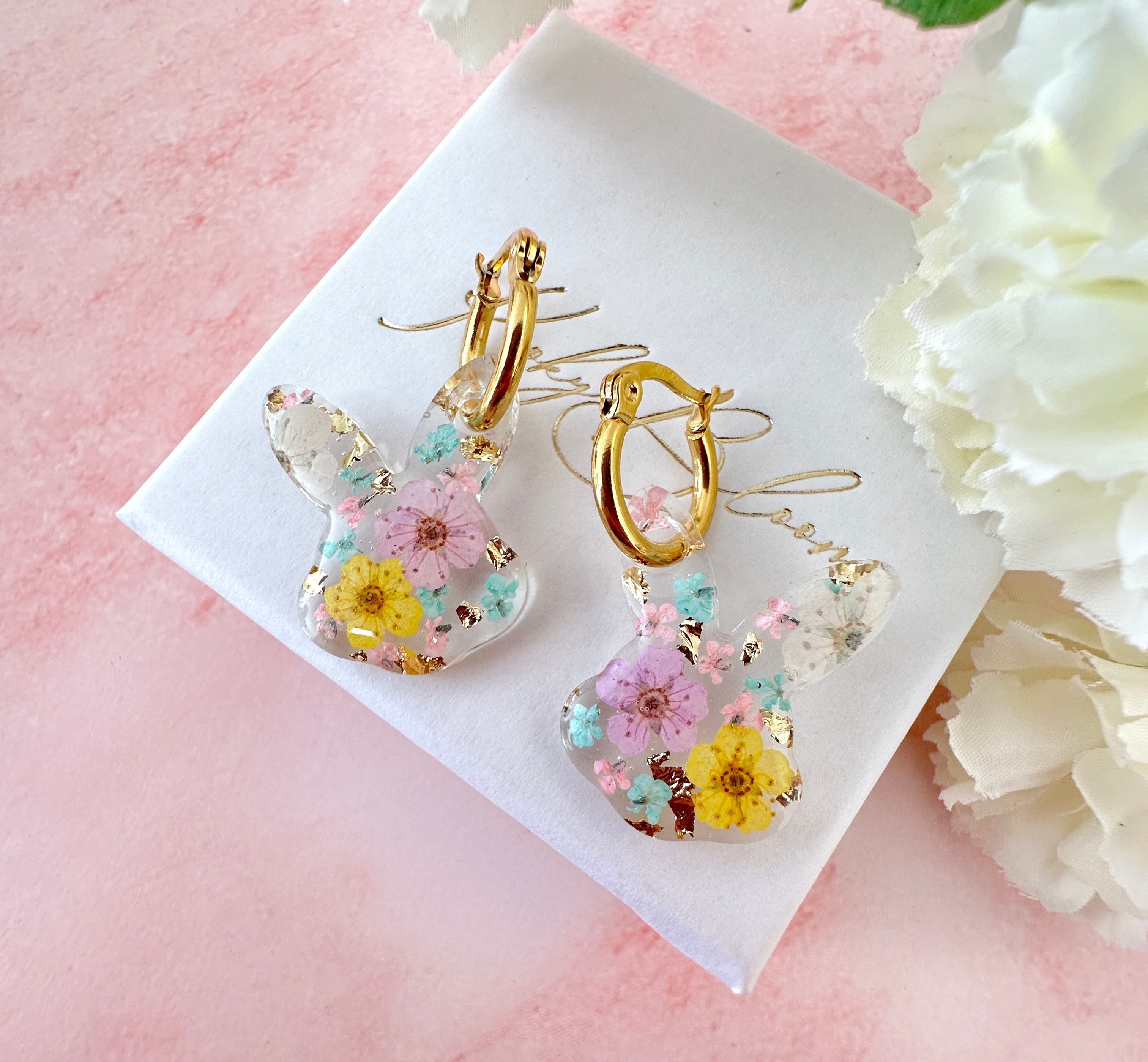Pastel flower chunky Bunny hoop earrings.