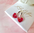 Silver Tiny Fuchsia pink bloom heart Huggies earrings.