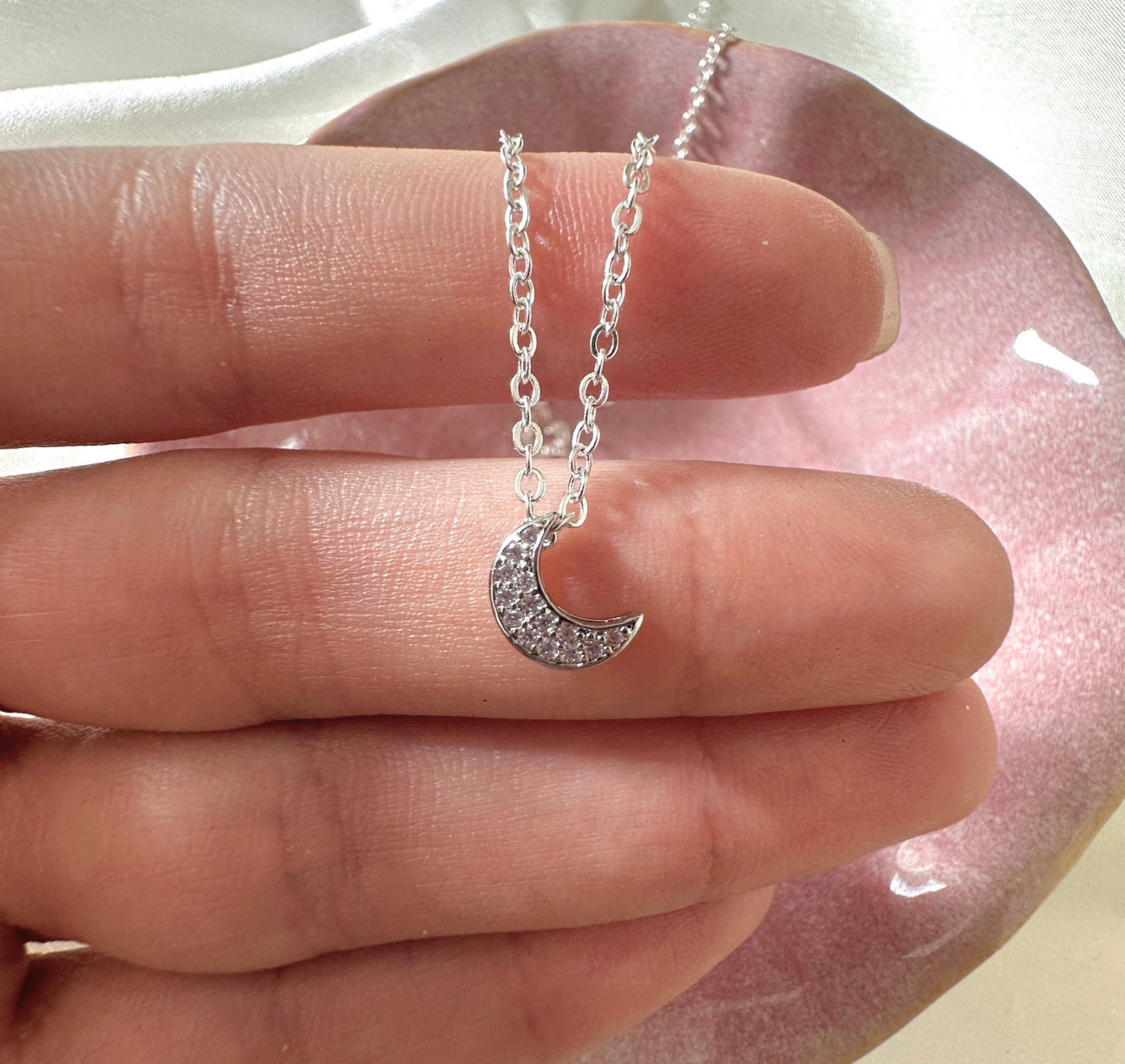 Tiny CZ Mini Moon Silver Necklace.