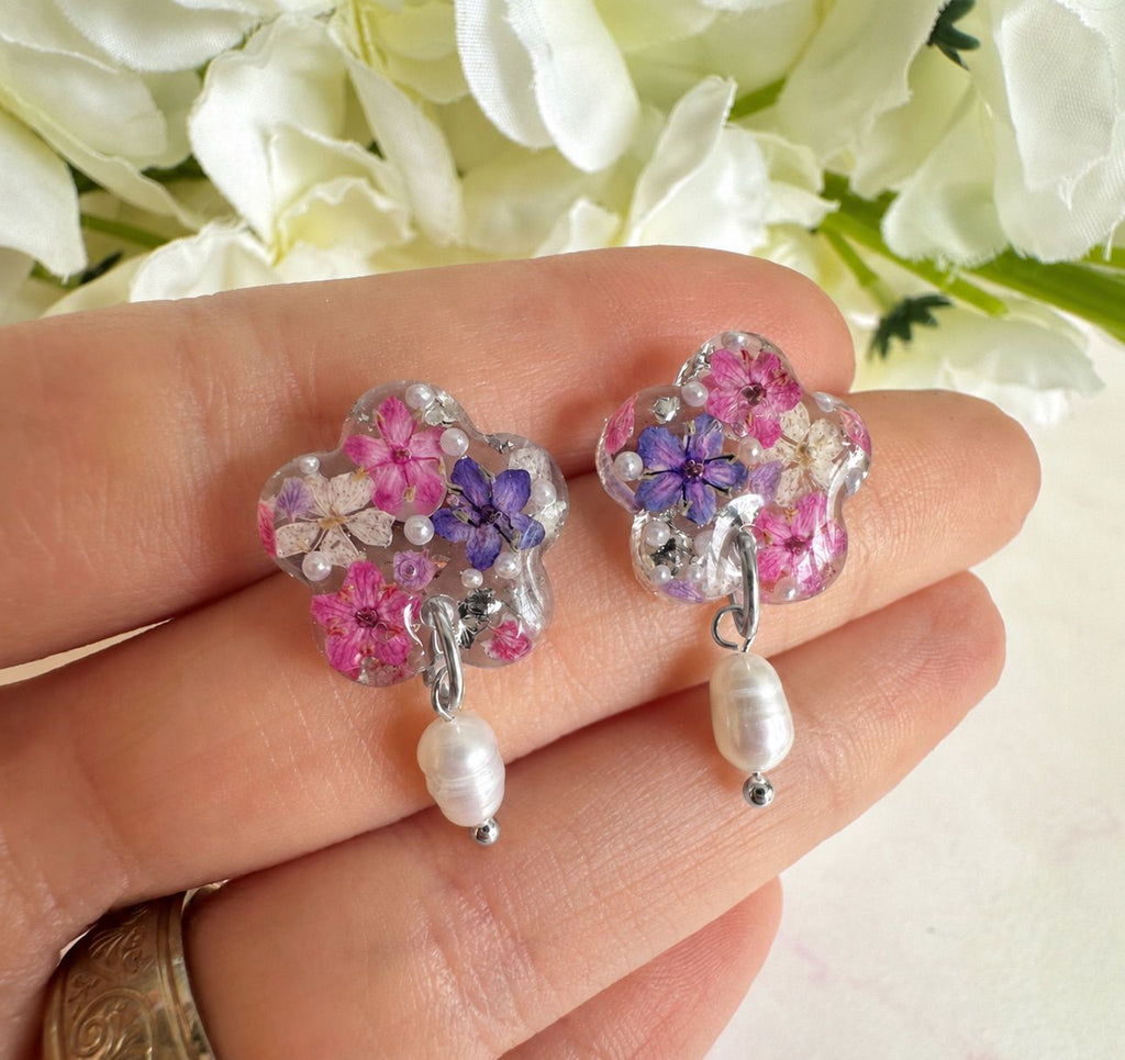 Purple pink Flower pearl drop studs.