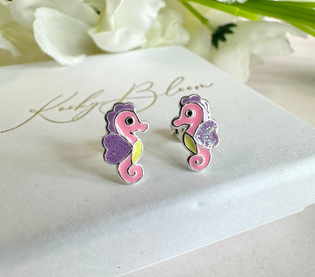 925 sterling silver pastel Seahorse stud earrings.