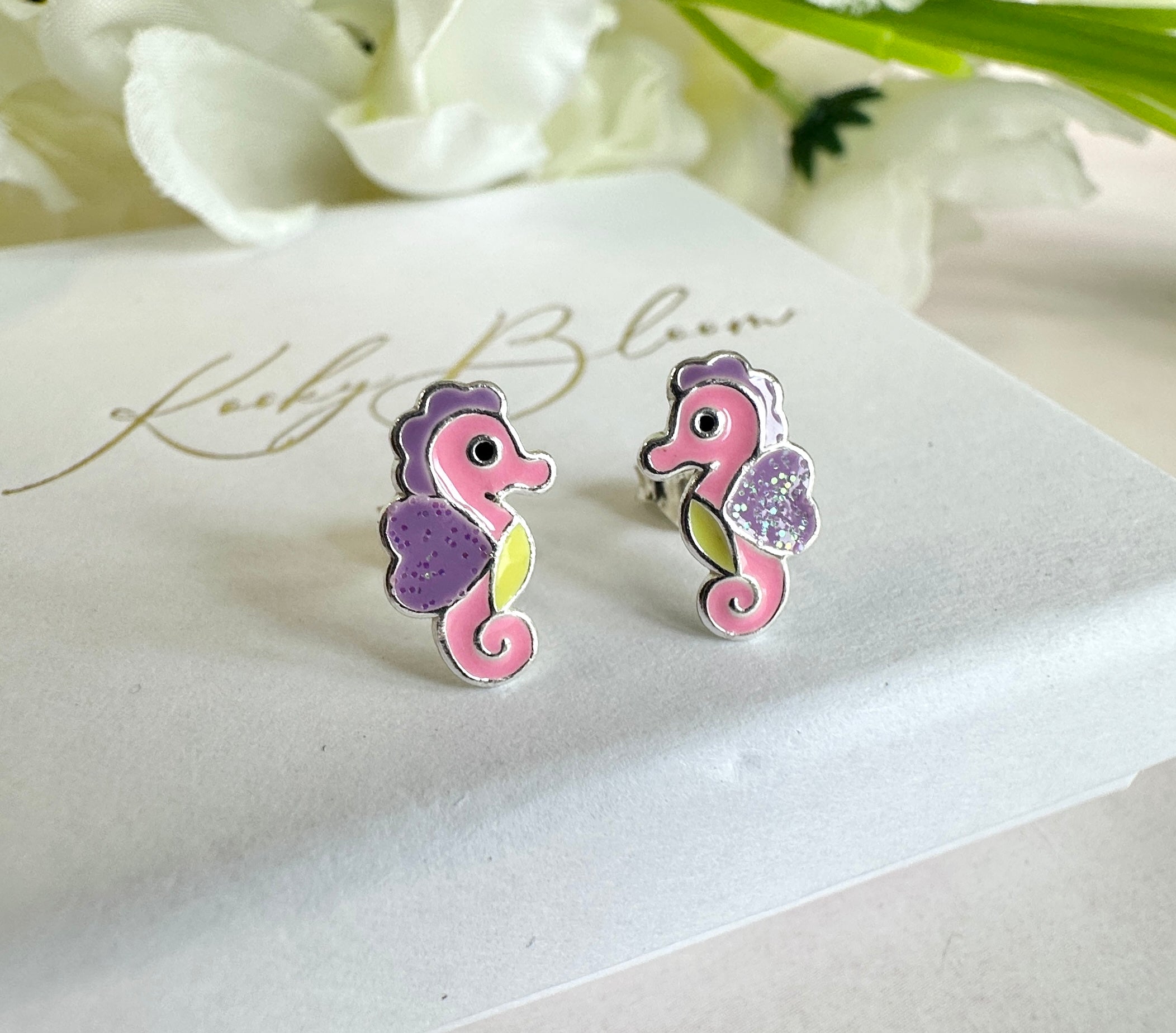 925 sterling silver pastel Seahorse stud earrings.