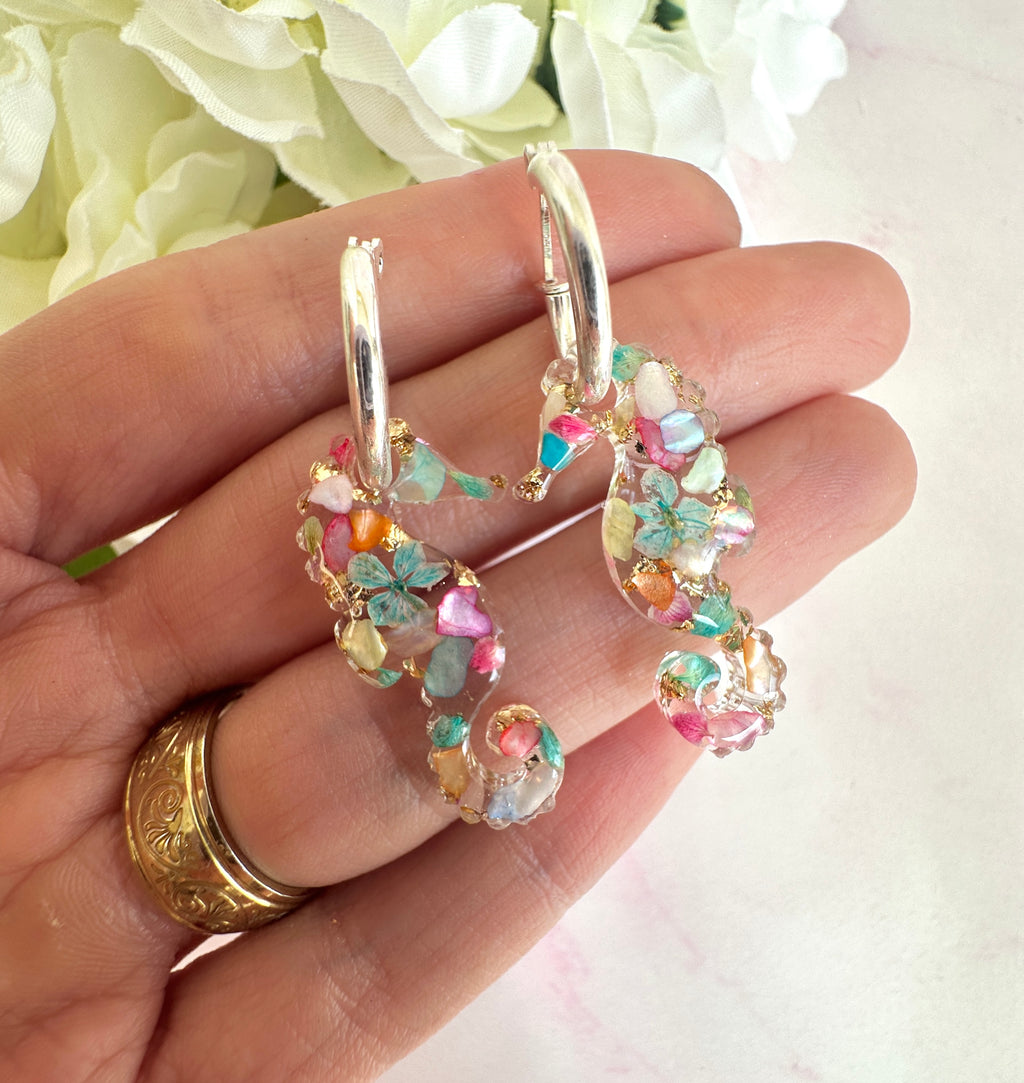 Seahorse real flower & seashell hoop earrings.