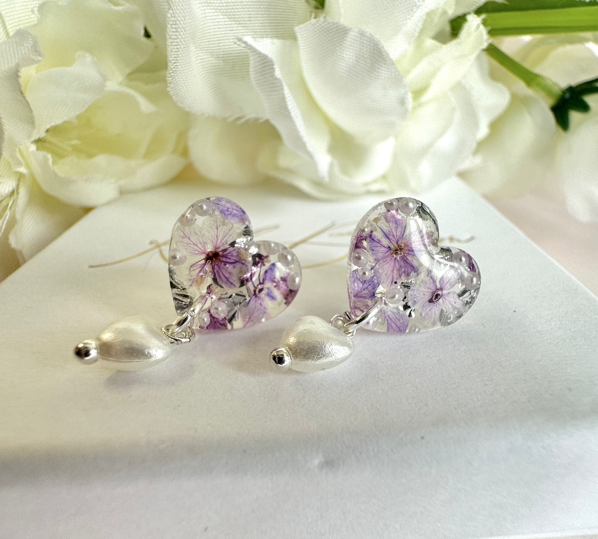 Lilac bloom Heart Pearl drop 925 sterling silver stud earrings