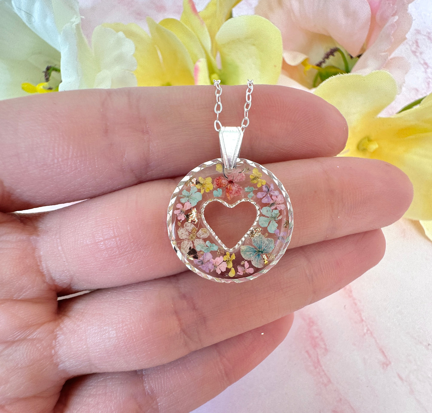 Silver Pastel confetti flower Heart necklace.