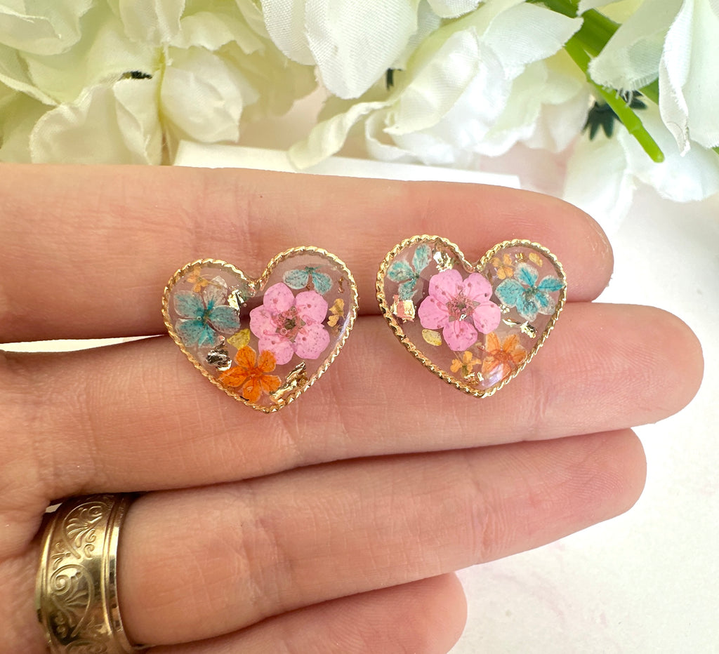 * Limited Edition * Gold pink orange heart stud earrings.