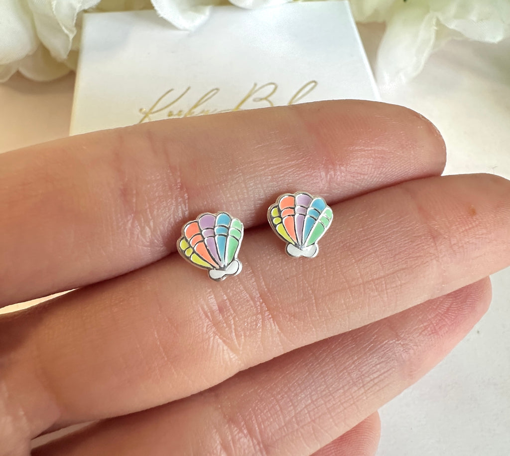 925 sterling silver Pastel Colourful Seashell stud earrings.
