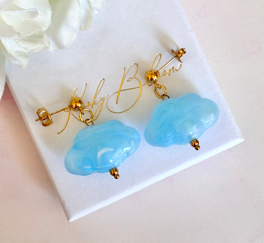 Gold Blue Cloud stud drop earrings.