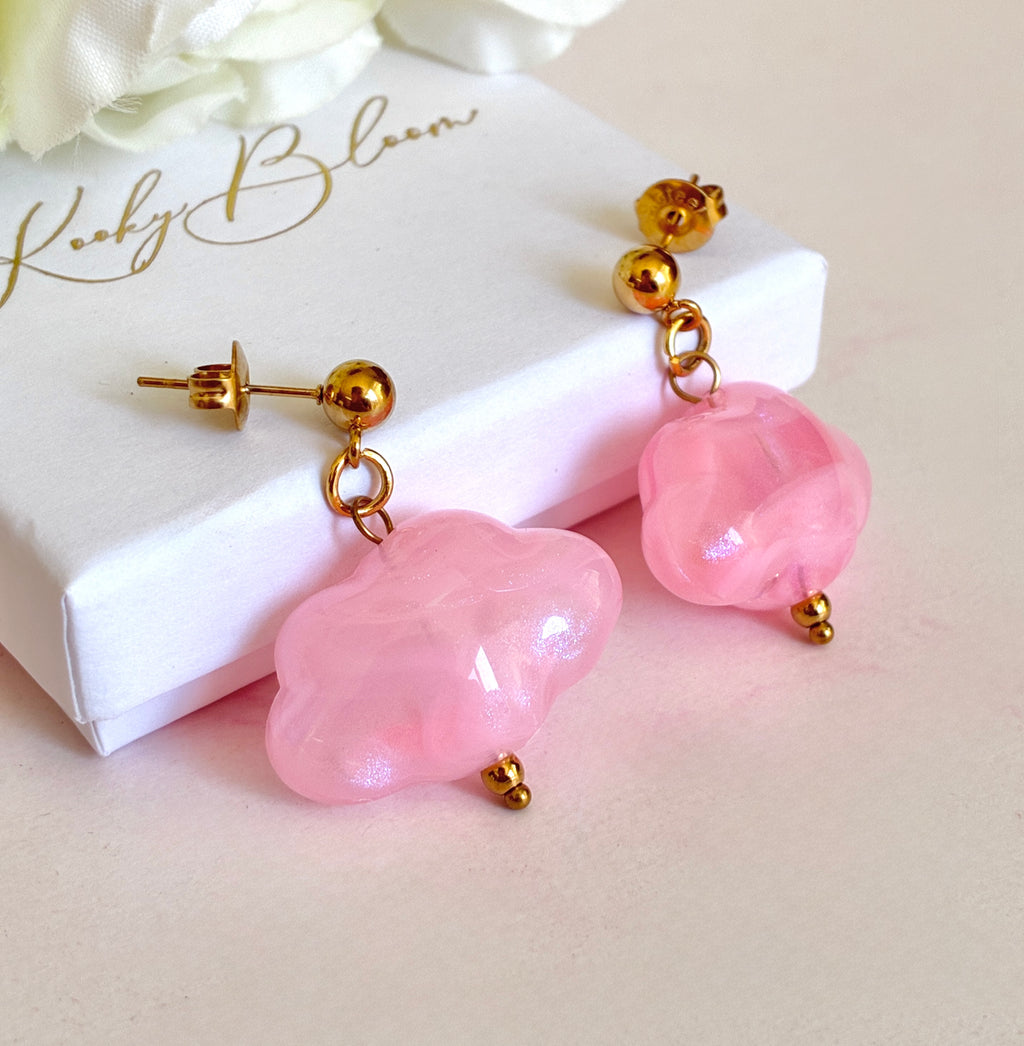 Gold Pink Cloud stud drop earrings.