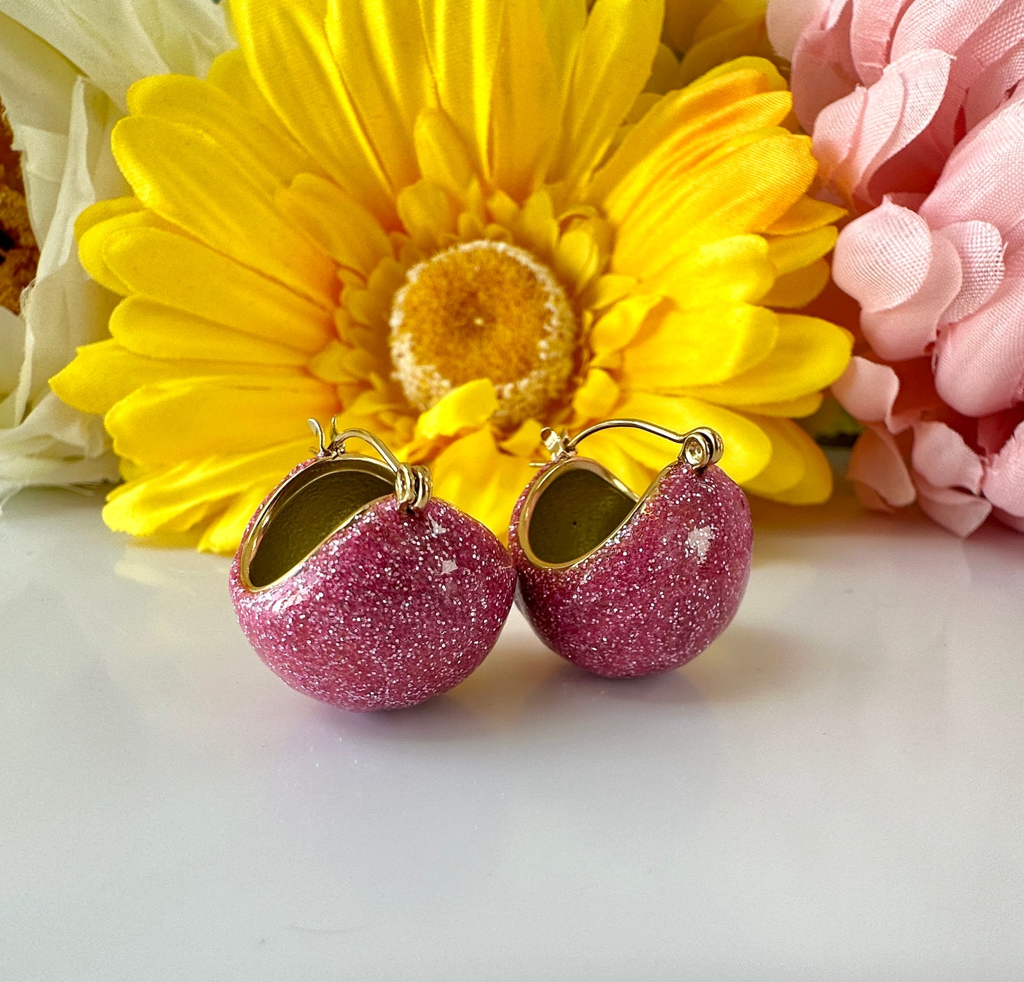 Pink glitter Dome Gold Earrings.