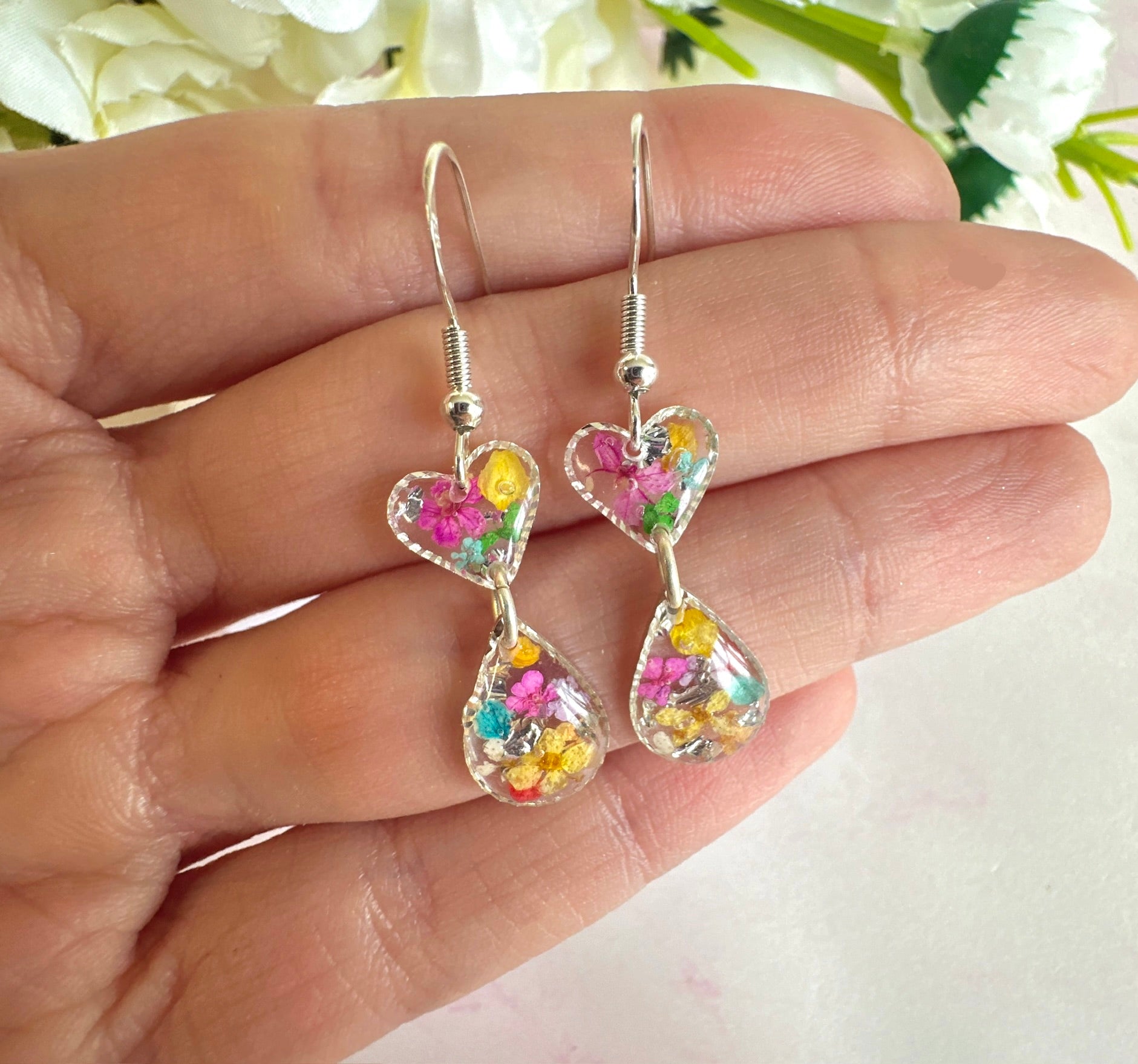 Tiny Rainbow flower heart drop hook earrings.
