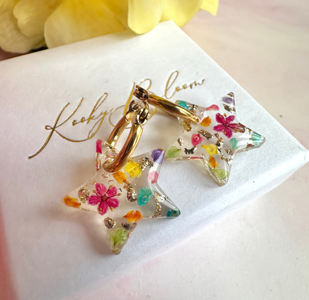Rainbow petal confetti Star hoop earrings