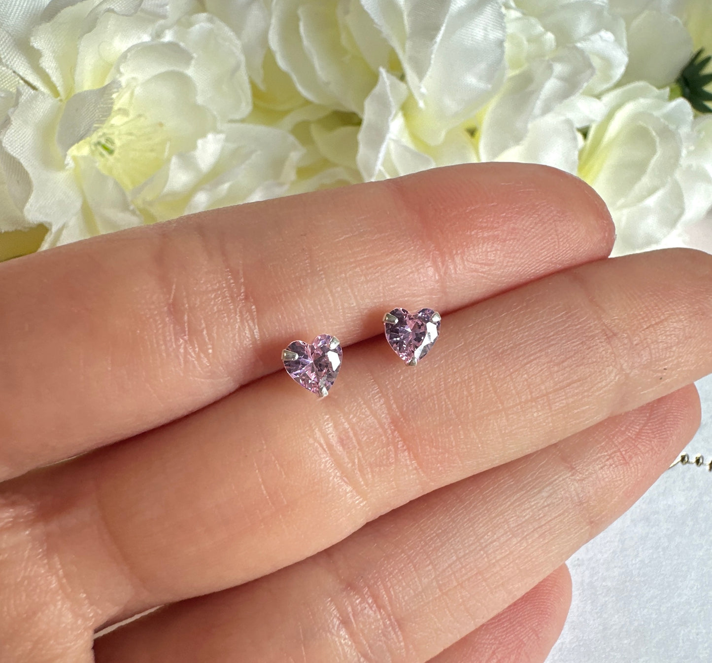 925 Sterling silver Pink CZ heart stud earrings