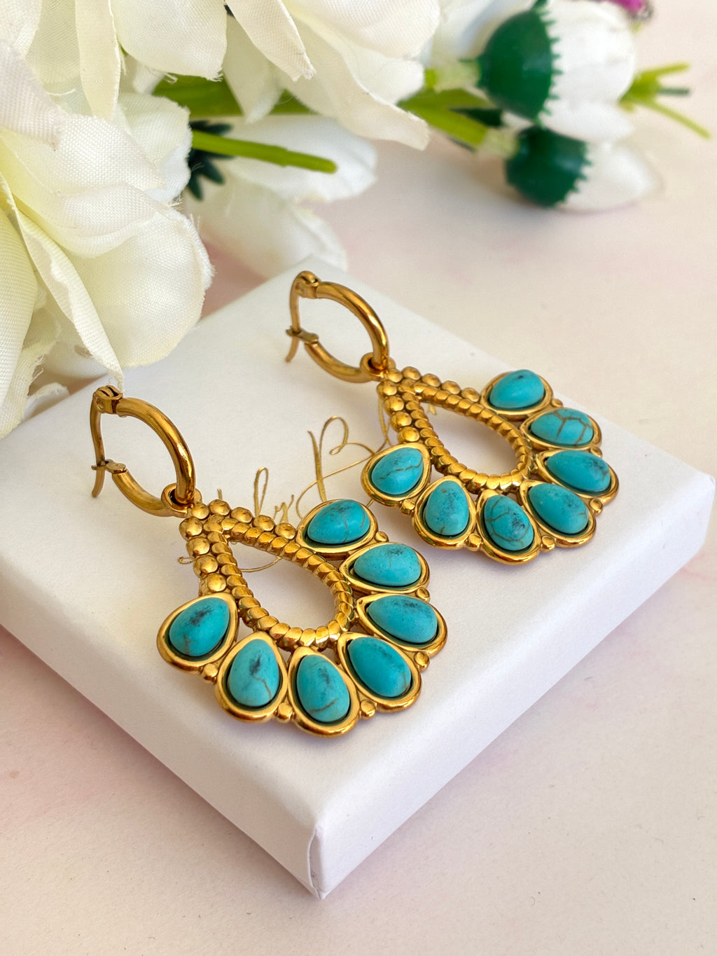Gold turquoise Boho hoop earrings.