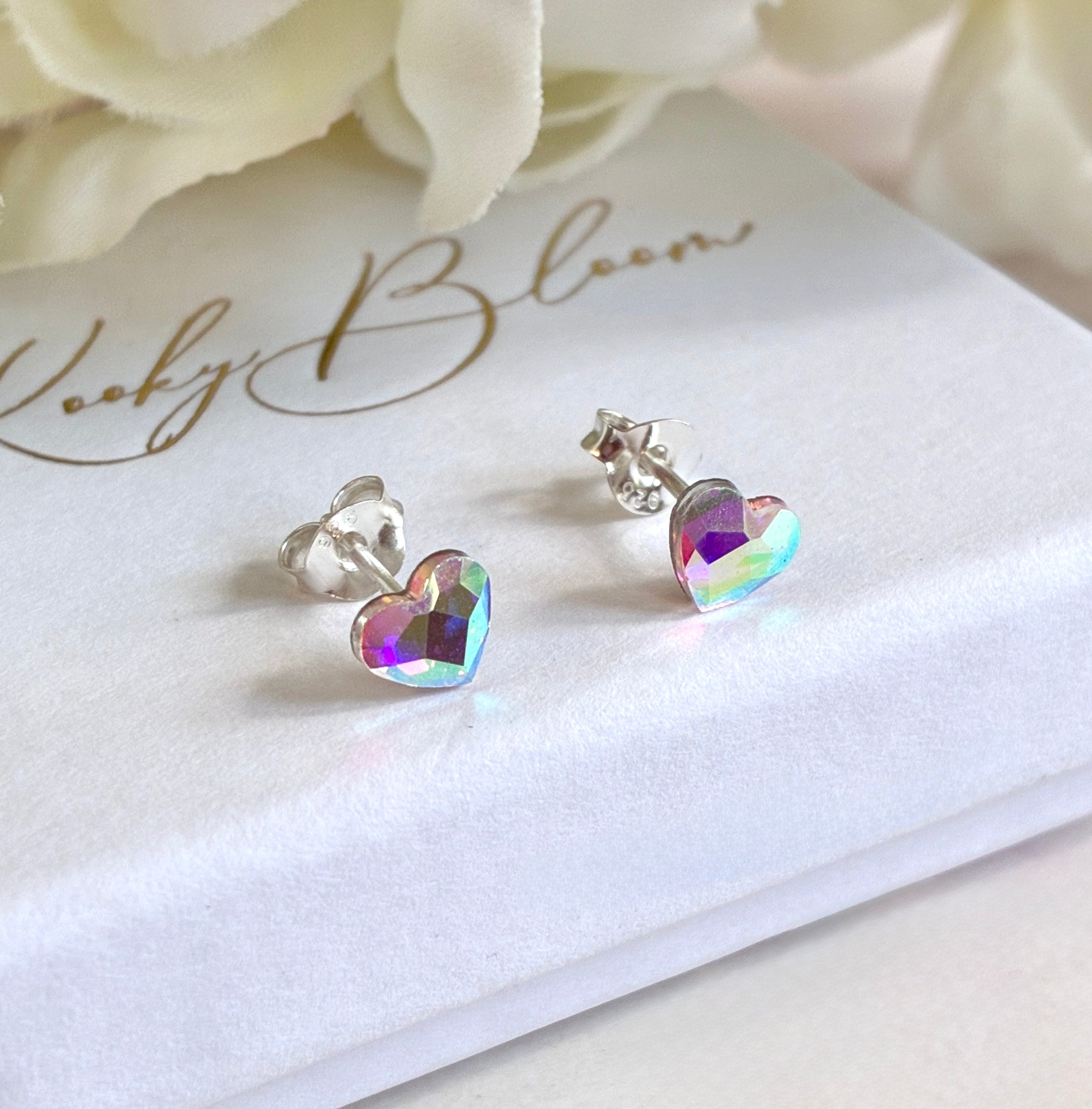 925 Sterling Silver AB Heart stud earrings.