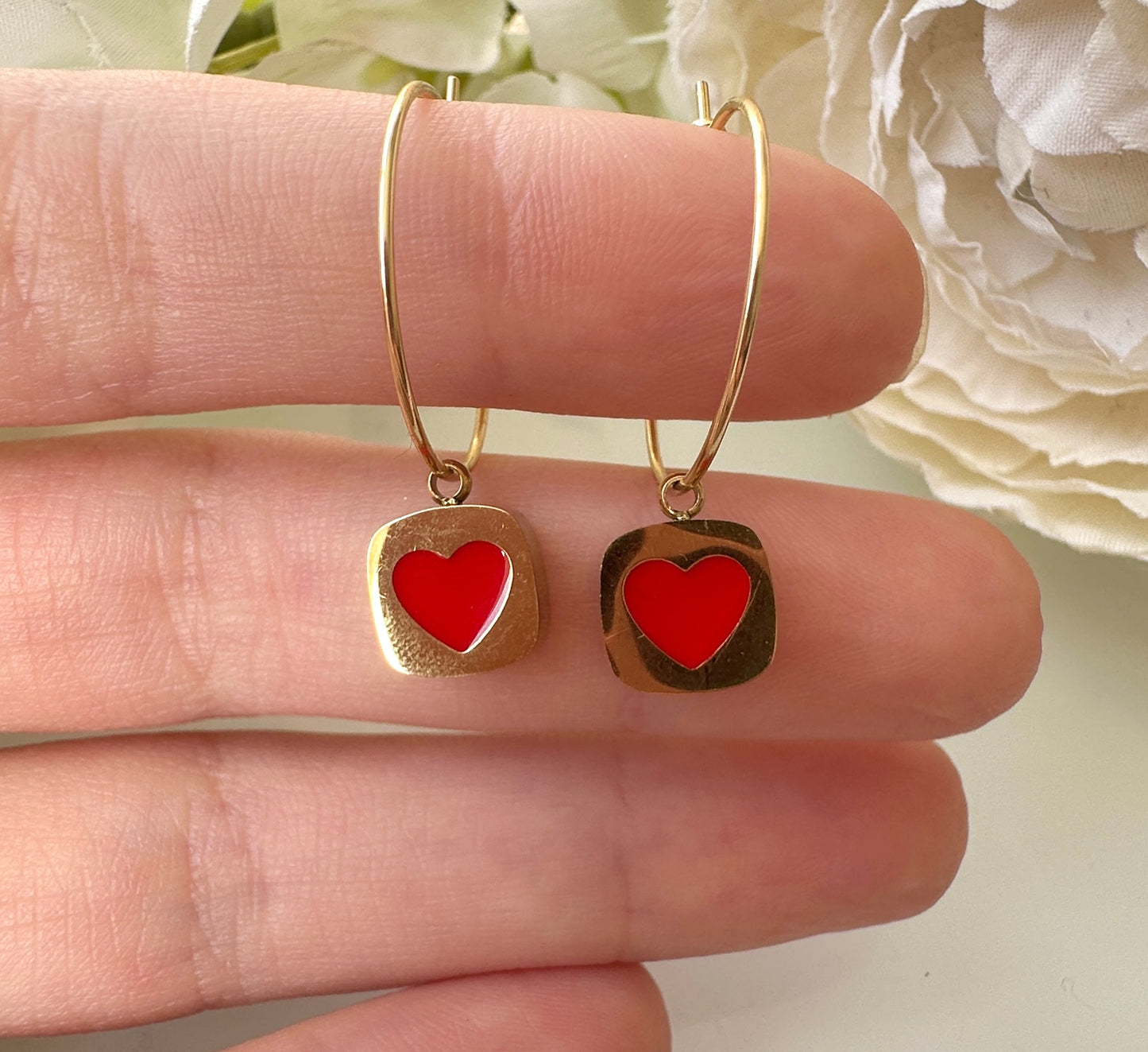 Gold Red heart Block Hoop earrings.