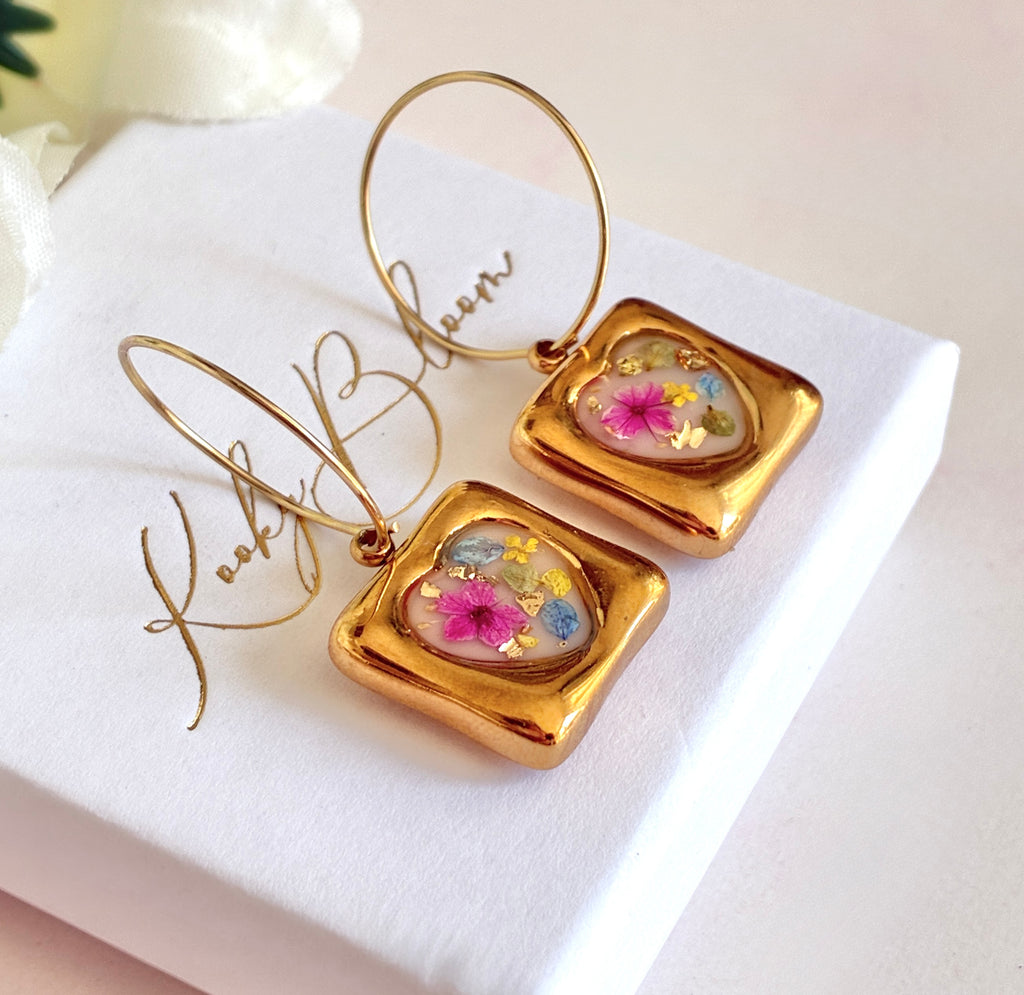 Gold Meadow Mosaic Heart Bloom hoop earrings.