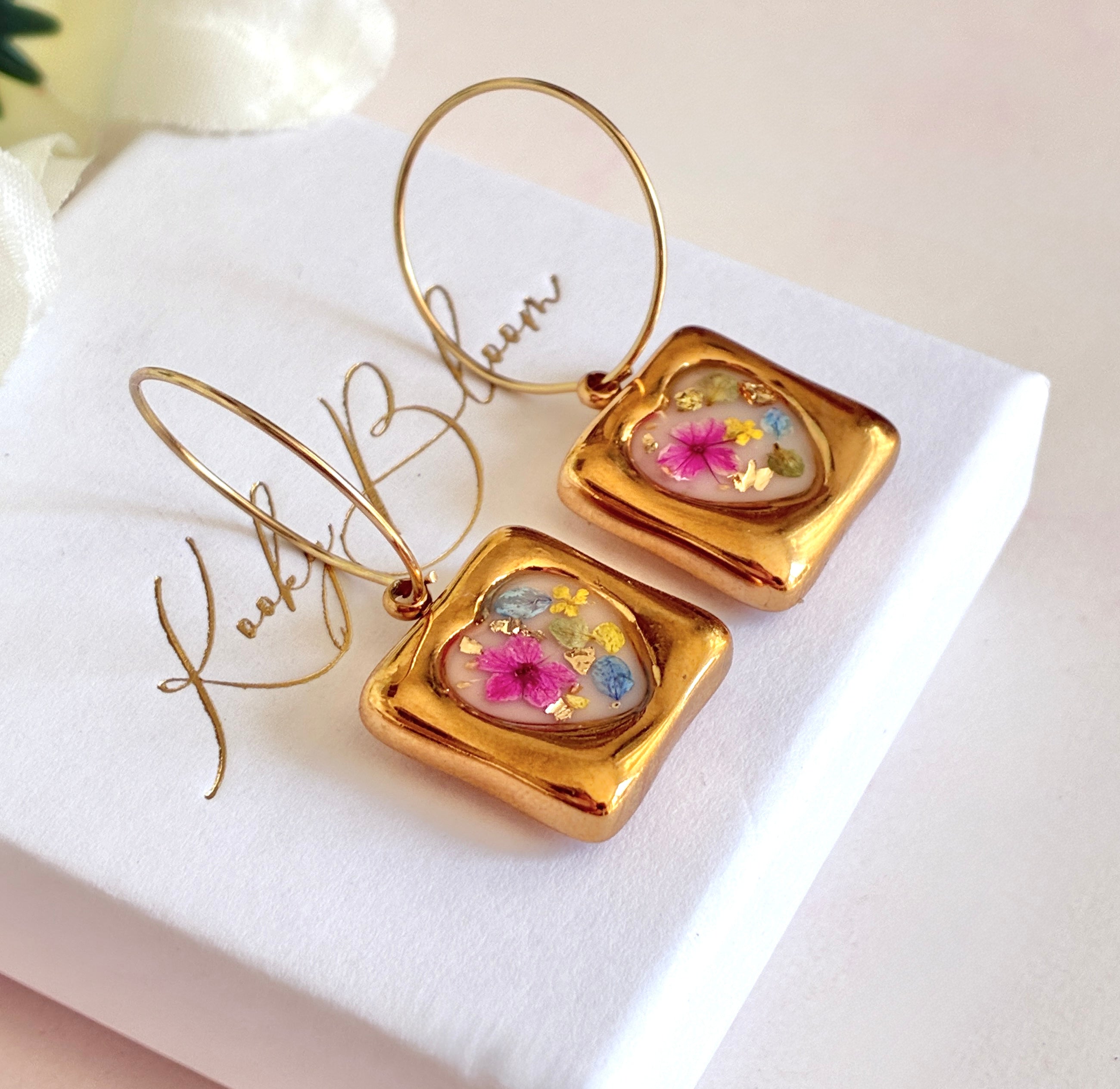 Gold Meadow Mosaic Heart Bloom hoop earrings.