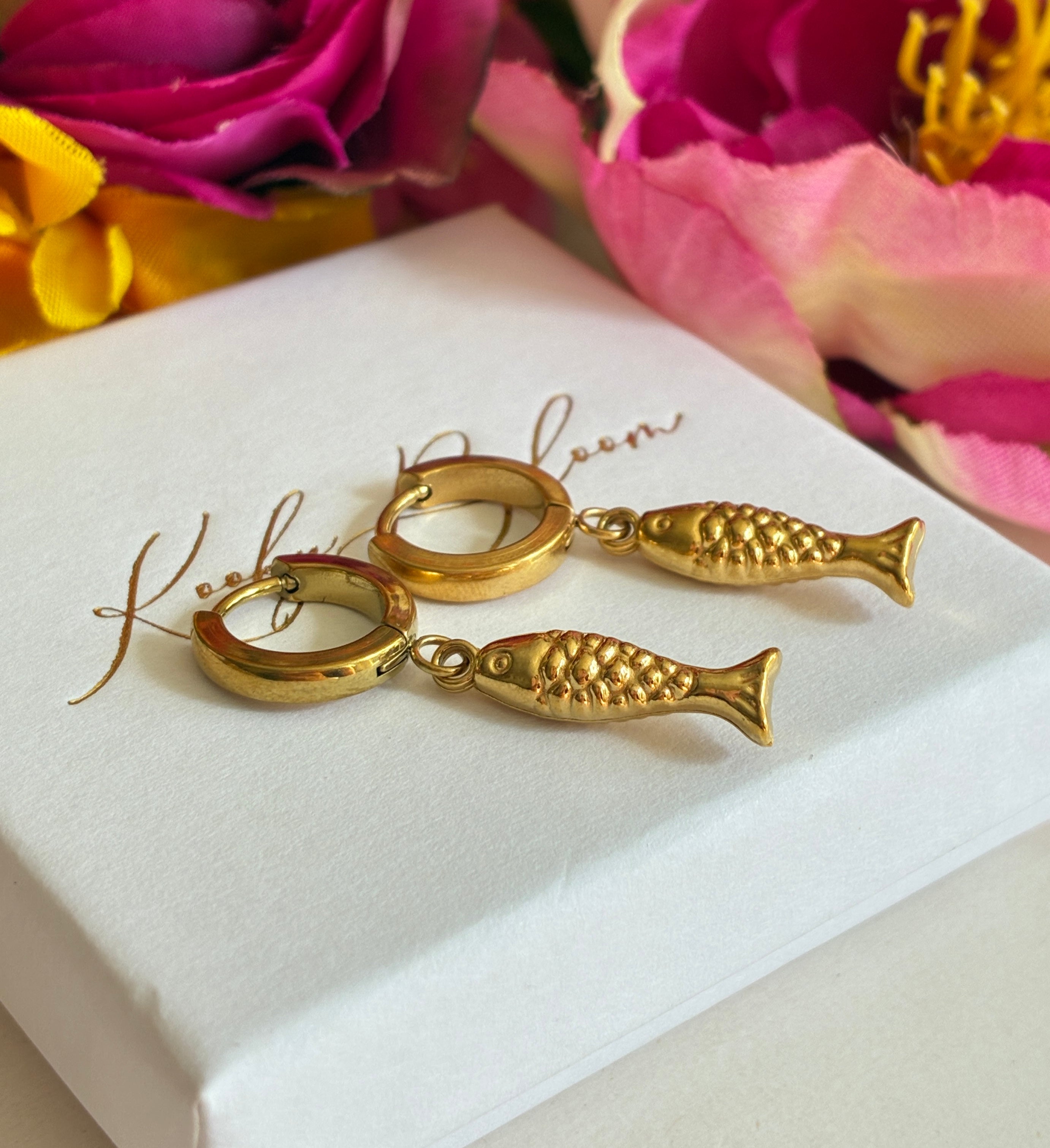 Gold Fish drop huggie hoop earrings