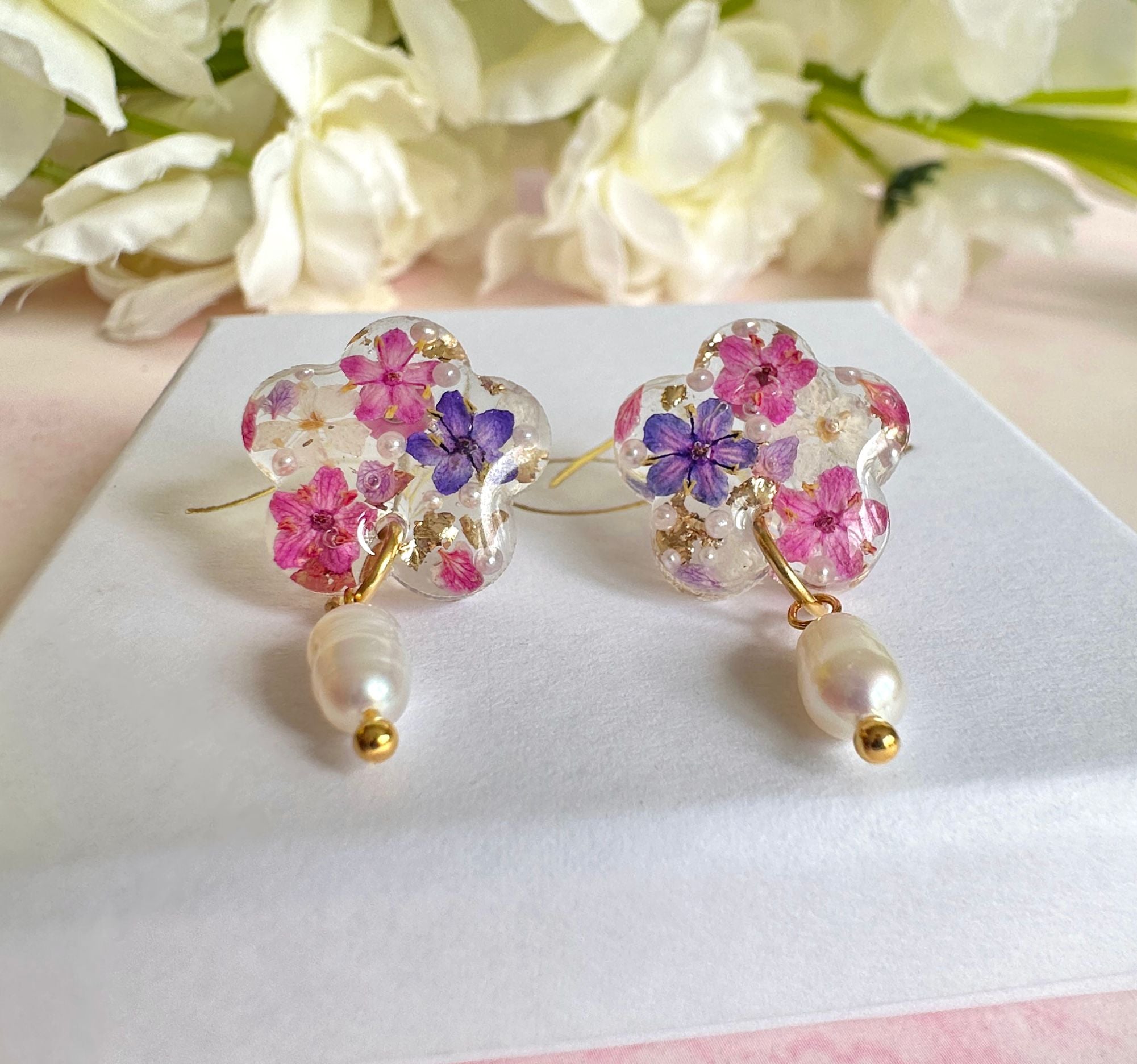 Purple pink Flower pearl drop studs.