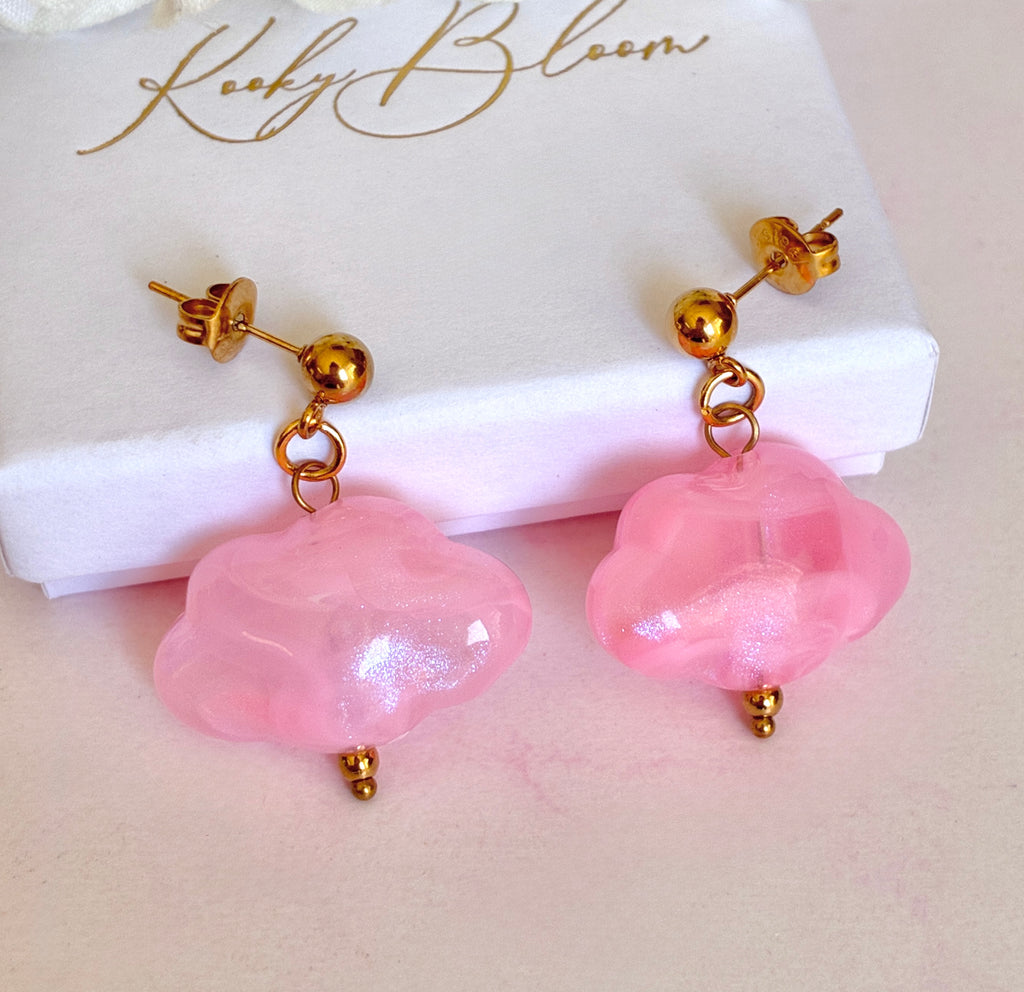 Gold Pink Cloud stud drop earrings.