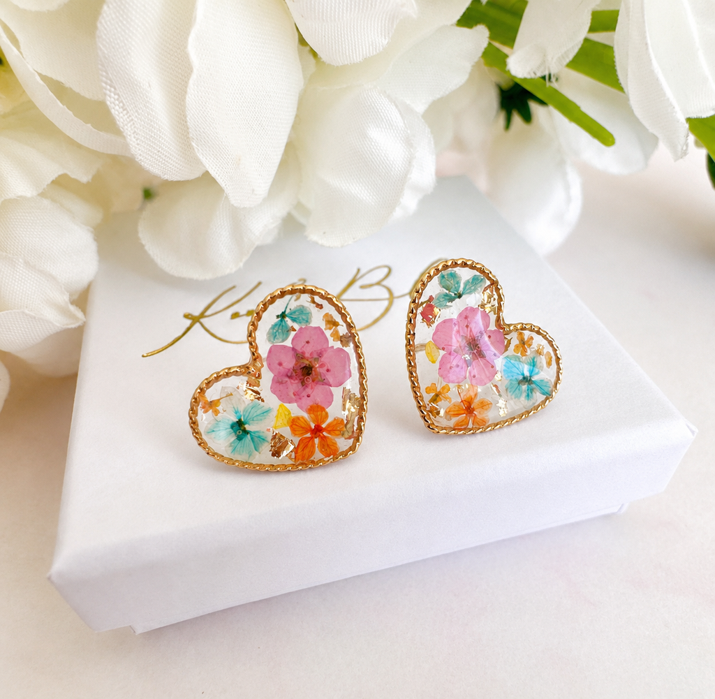 * Limited Edition * Gold pink orange heart stud earrings.