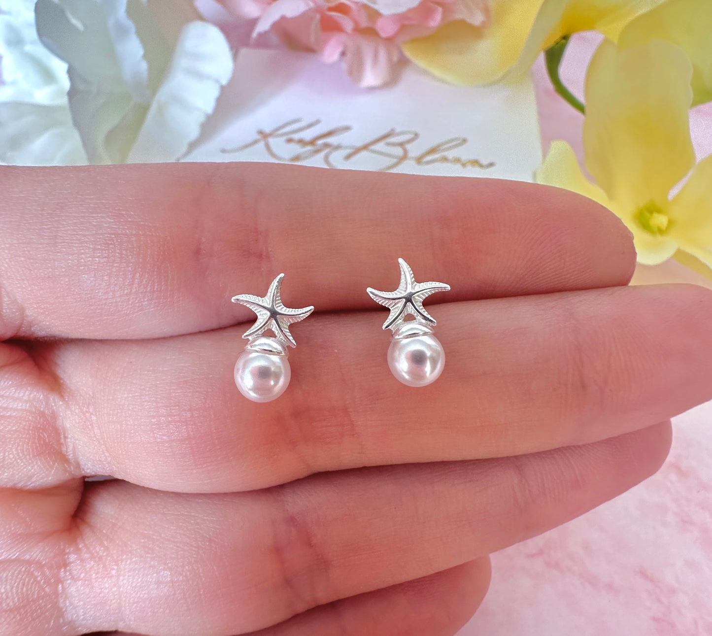 925 sterling Silver Pearl Starfish stud earrings.