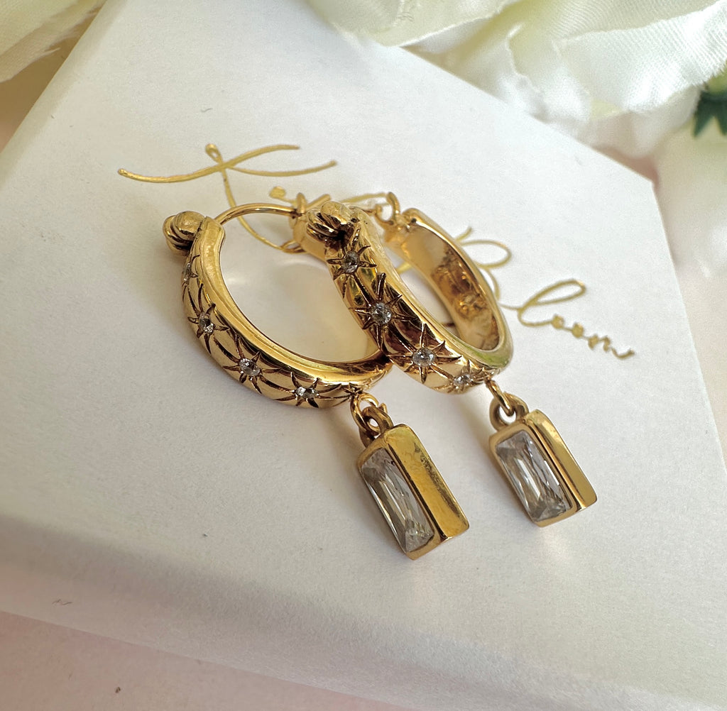 Gold Rectangle drop CZ engraved star Hoop earrings.