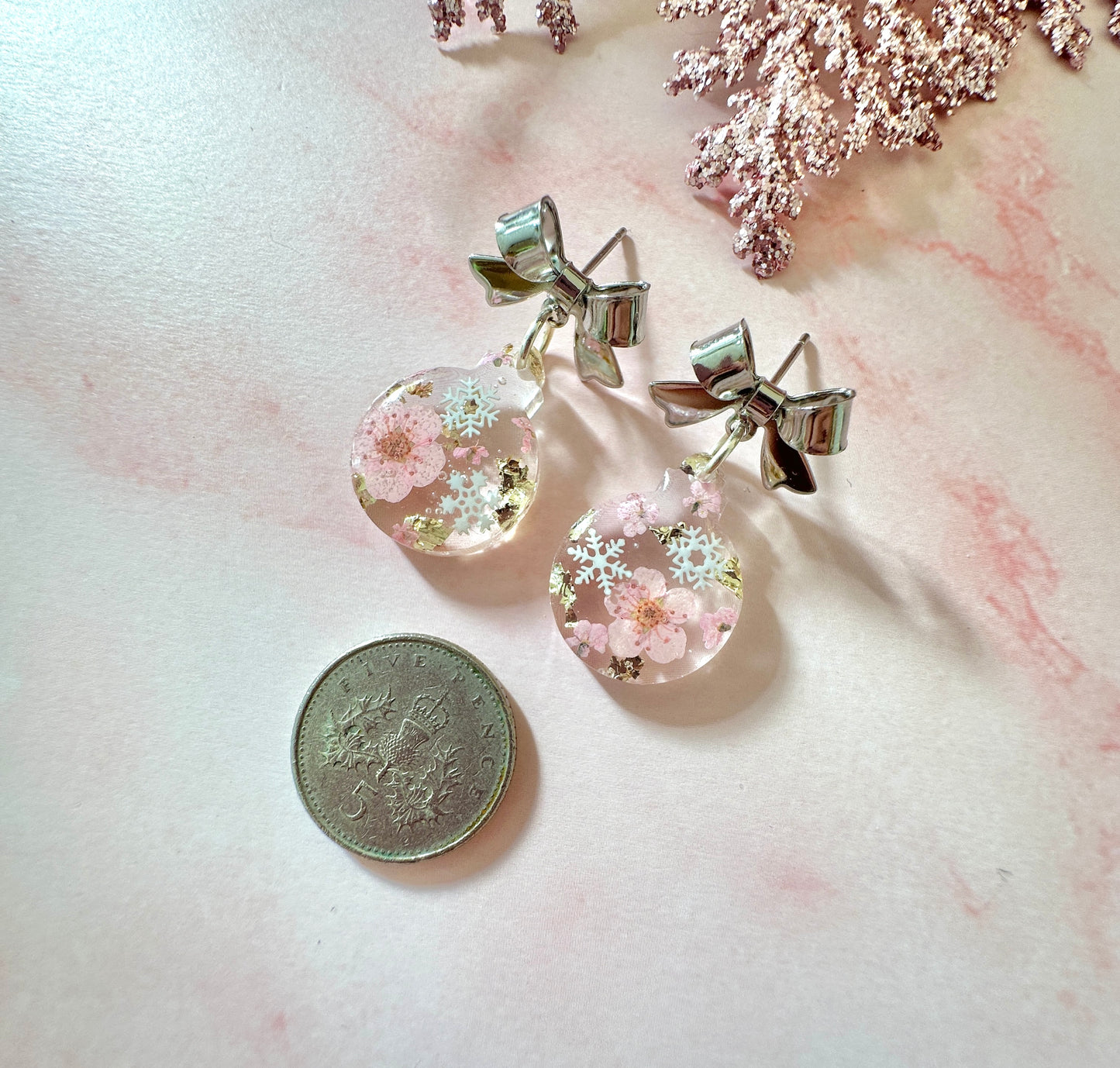 Silver Baby pink bloom Bauble Drop earrings.